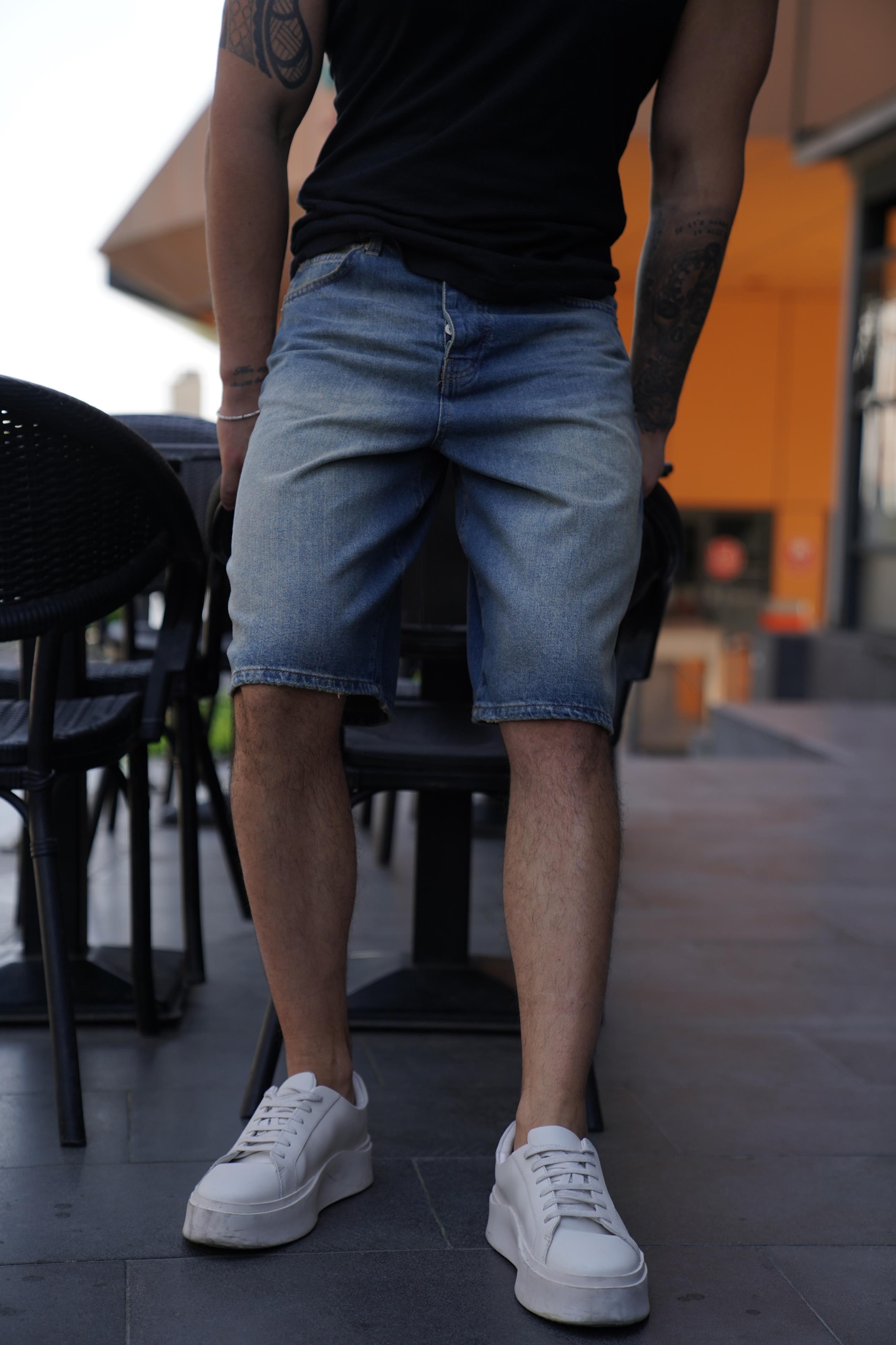 ŞORTMavi Yeşil Taşlamalı Kot Şort GRJ 3010