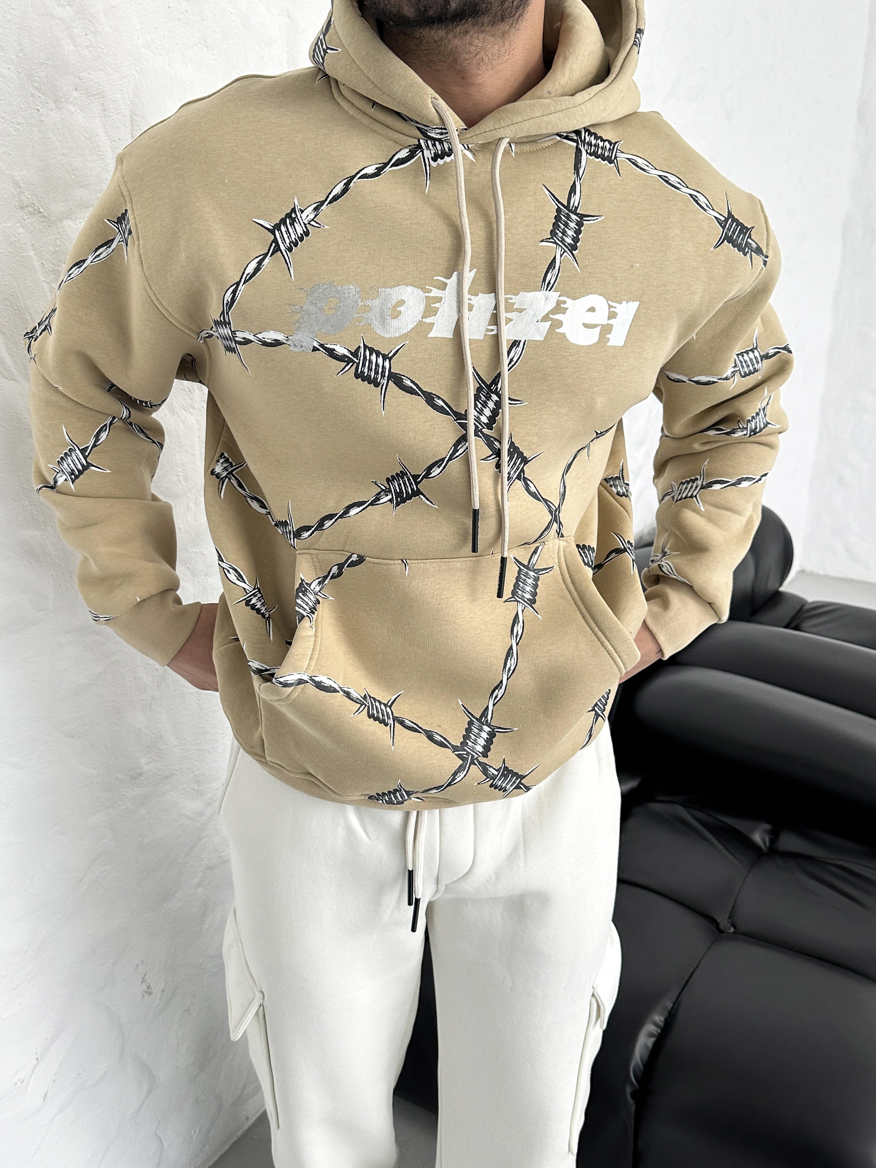 SweatBej Tel Örgü Pano Baskı Düz Kapşonlu  Sweatshirt PLZ