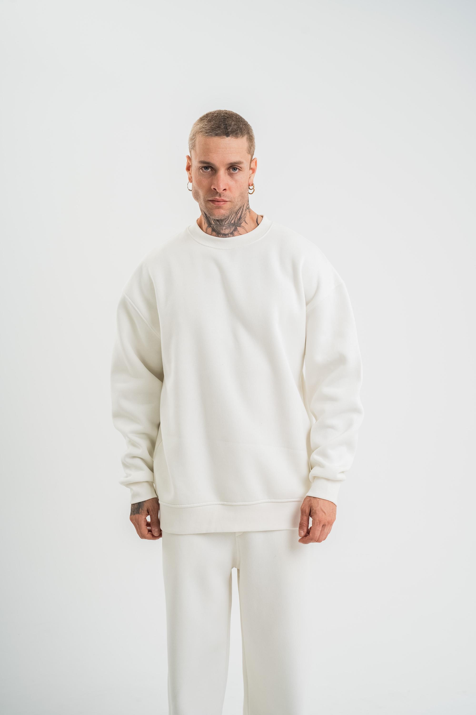 SweatBeyaz Düz 3 İplik Bisiklet Yaka Sweatshirt PLZ