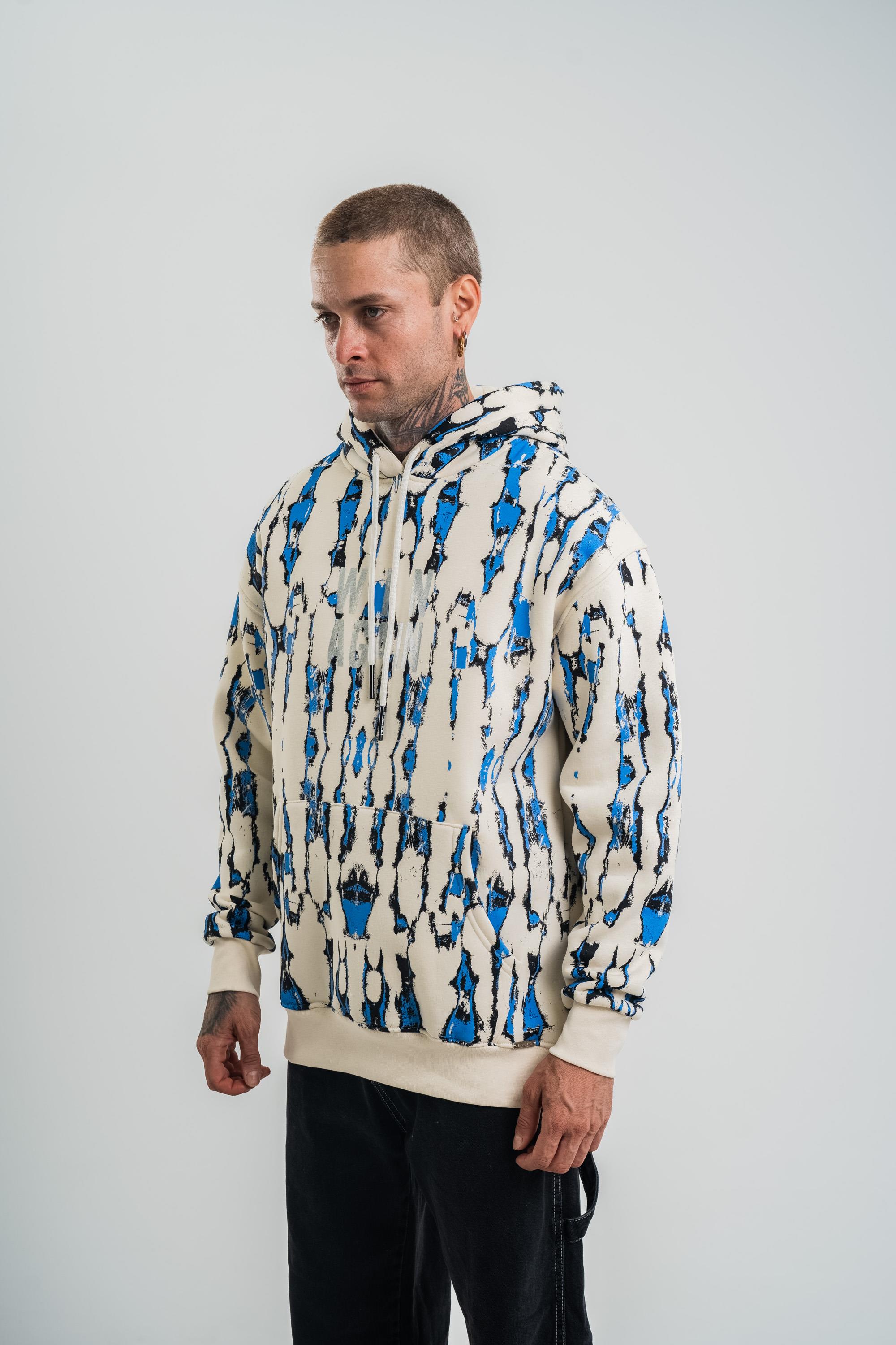 SweatEkru Mavi Pano Baskılı Kapşonlu Sweatshirt PLZ