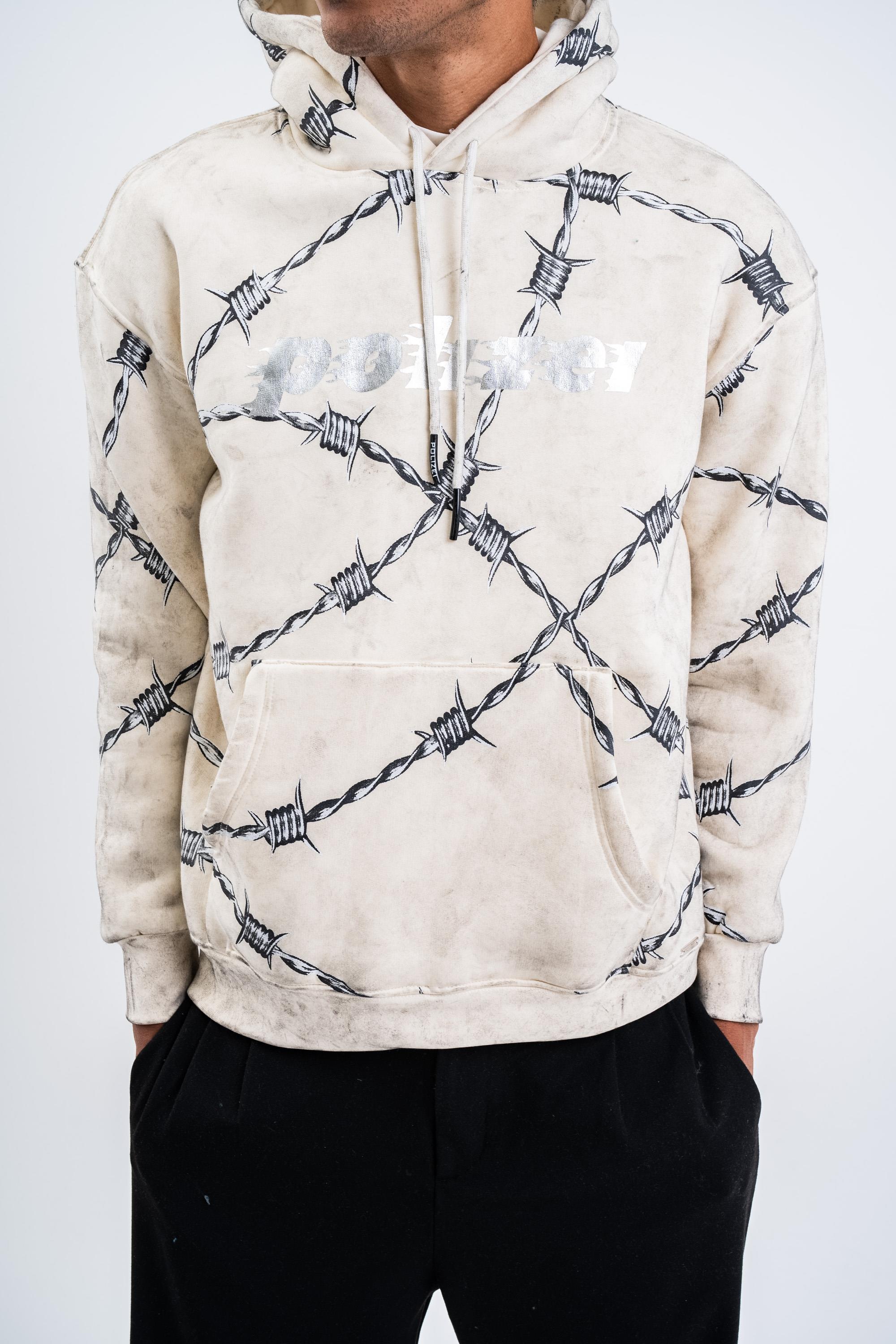 SweatEkru Tel Örgü Pano Baskı Düz Kapşonlu  Sweatshirt PLZ