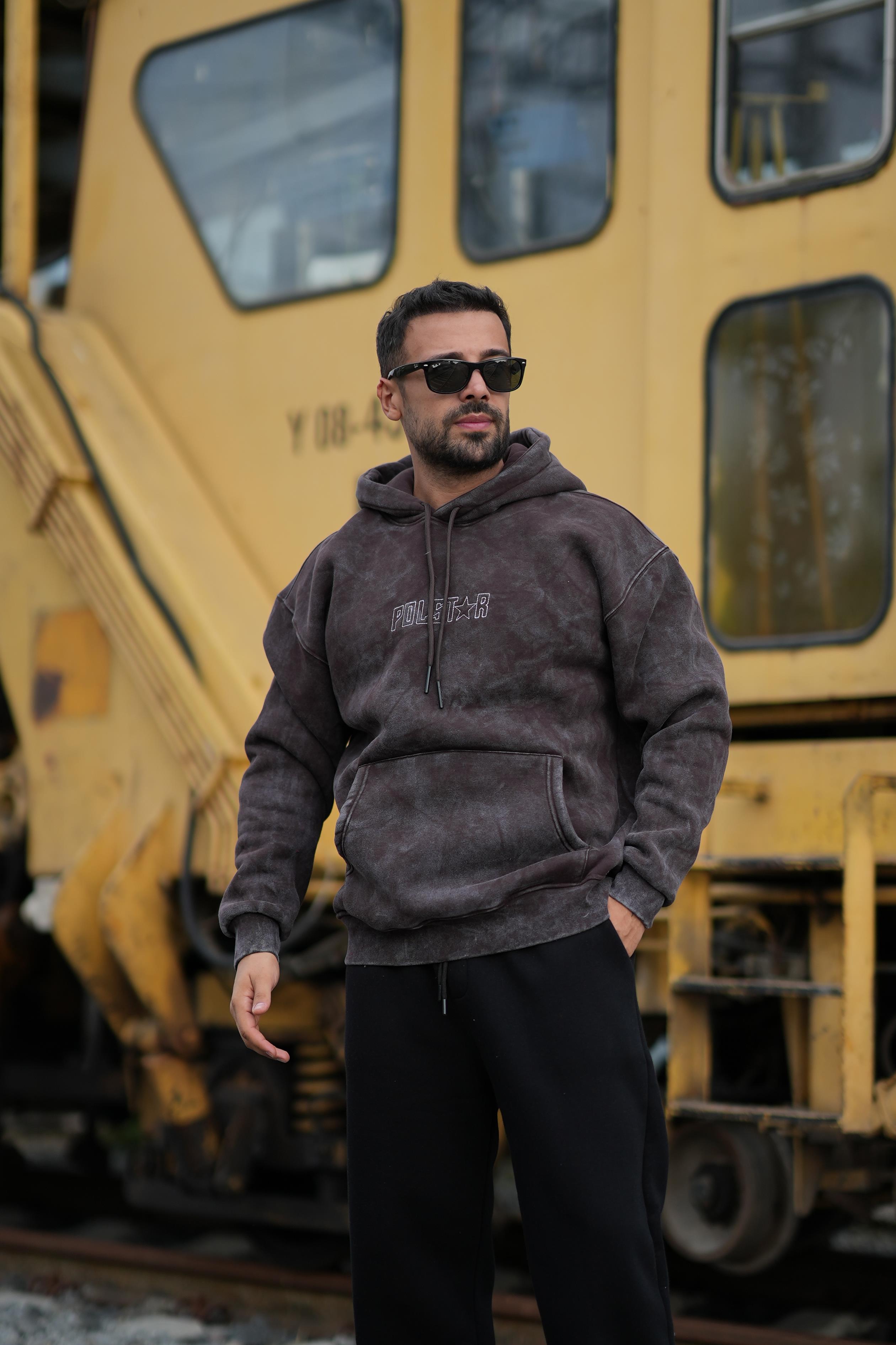 SweatKahve 3 İplik Oversize Polstar Baskılı Kapşonlu Sweatshirt PLZ