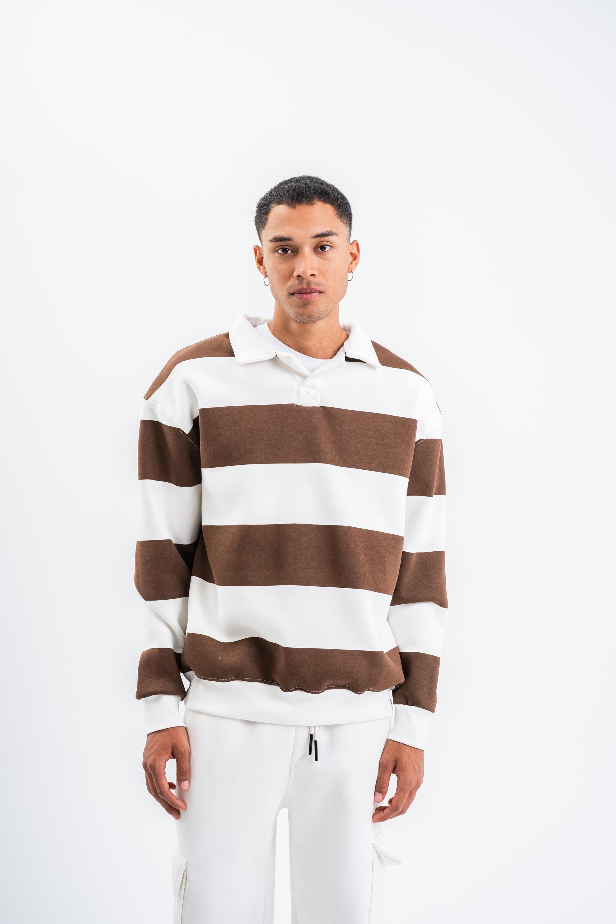 SweatKahve Çizgili 3 İplik Polo Yaka Sweatshirt PLZ