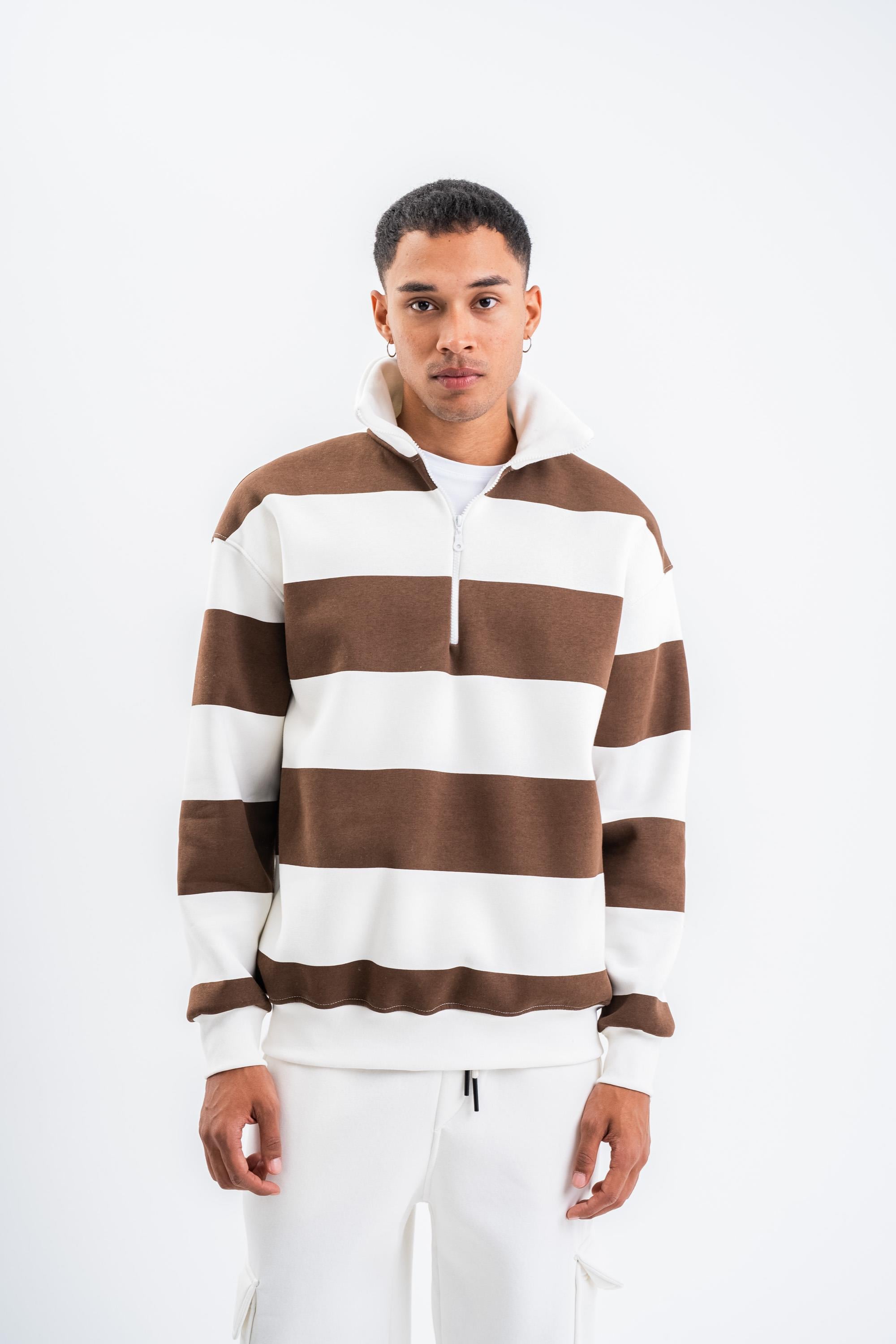 SweatKahve Yarım Fermuarlı Çizgili 3 İplik Sweatshirt PLZ