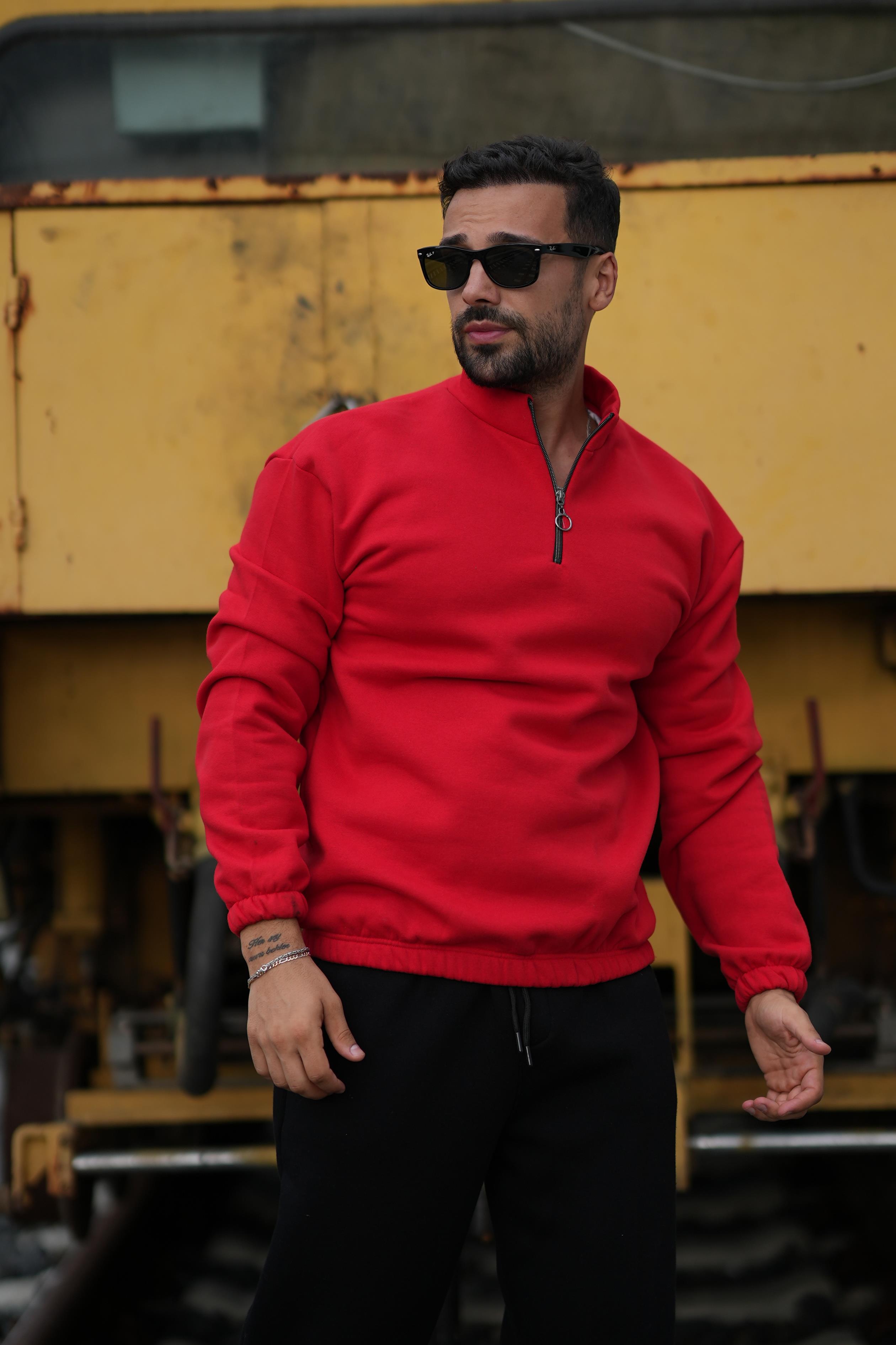 SweatKIRMIZI 3 iplik yarım fermuarlı sweatshirt SC
