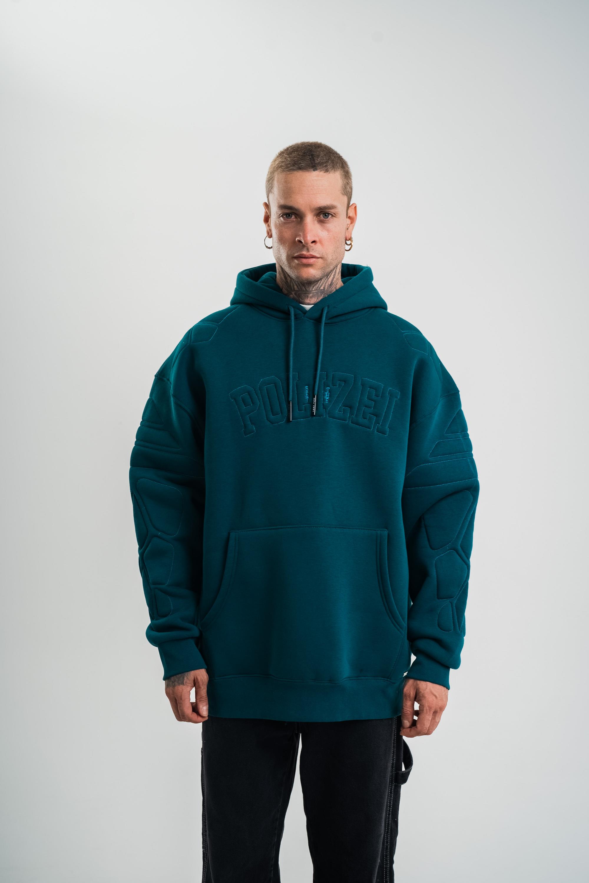SweatPetrol Kol Şişme Kabartmalı Kapşonlu Sweatshirt PLZ