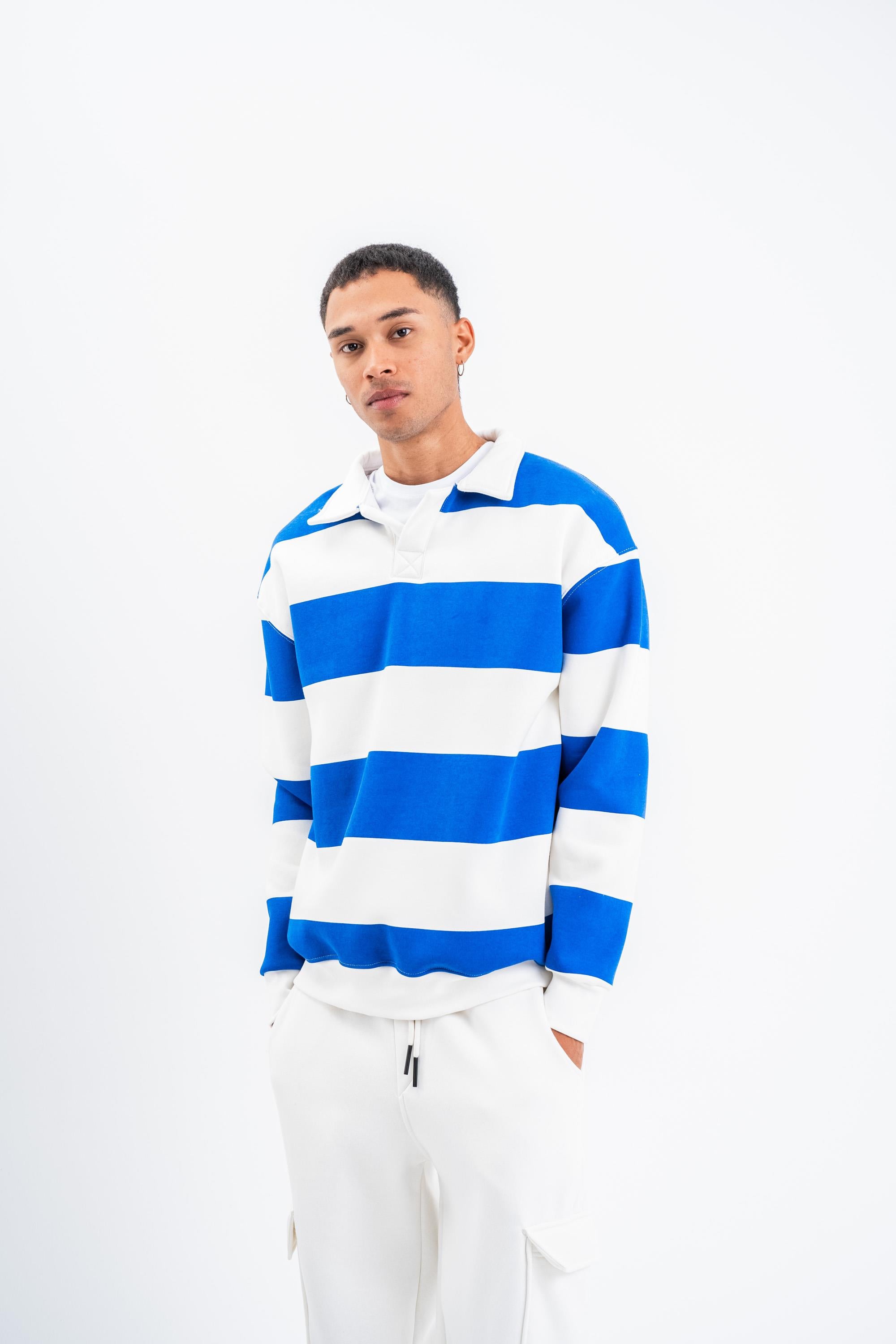 SweatSaksmavi Çizgili 3 İplik Polo Yaka Sweatshirt PLZ
