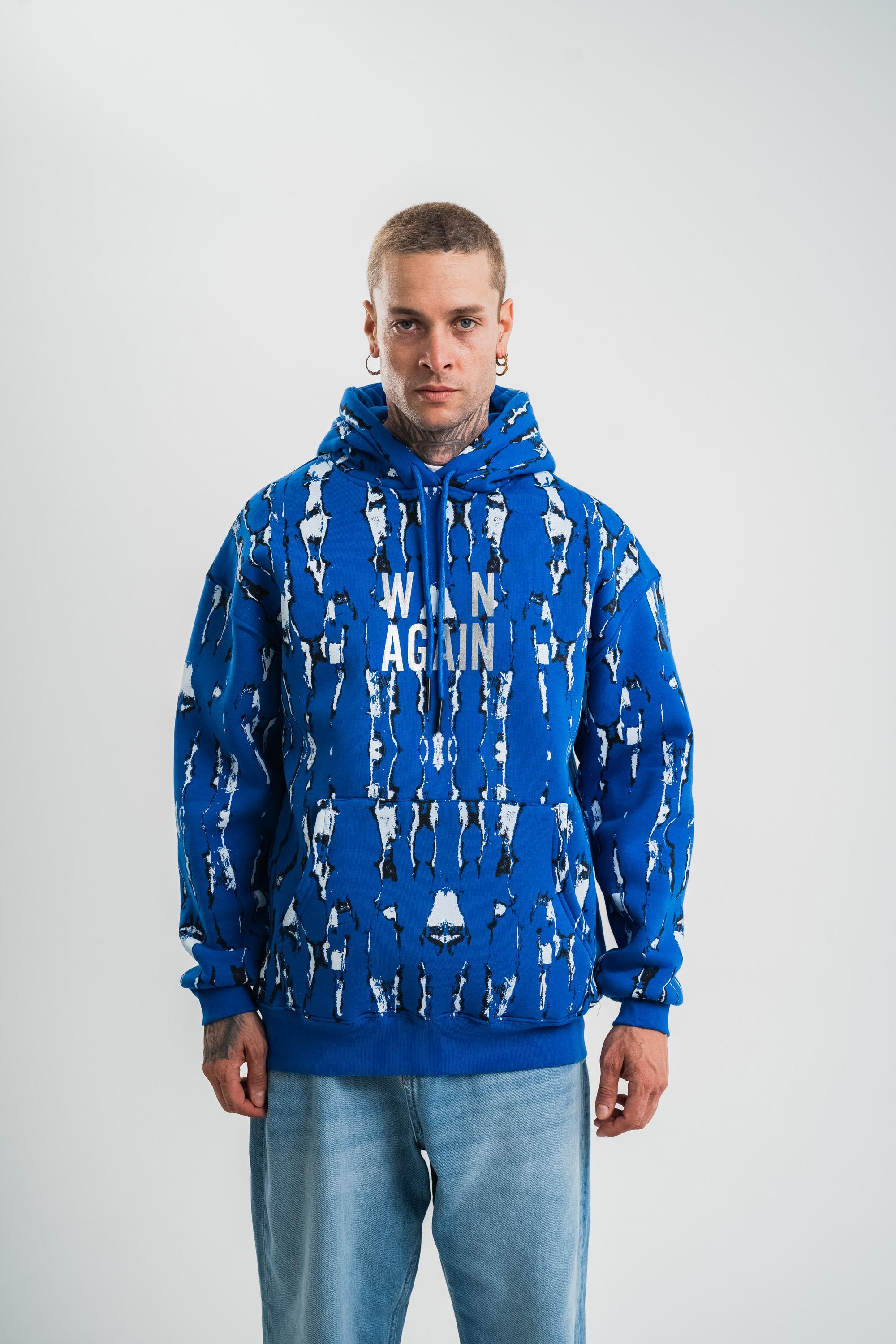 SweatSaksmavi Mavi Pano Baskılı Kapşonlu Sweatshirt PLZ