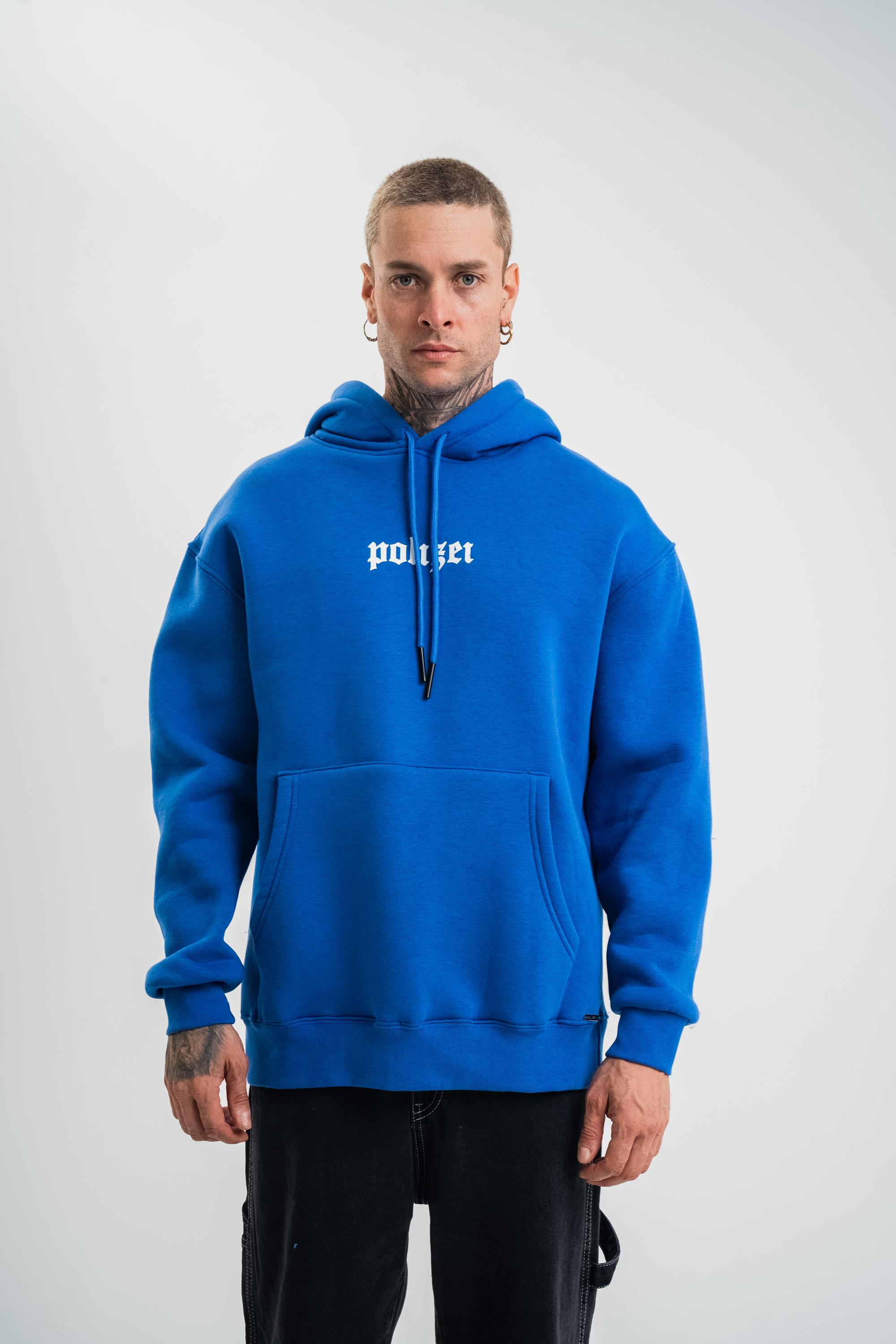 SweatSaksmavi Yarım Polizei Nakışlı Peçli Kapşonlu Sweatshirt PLZ