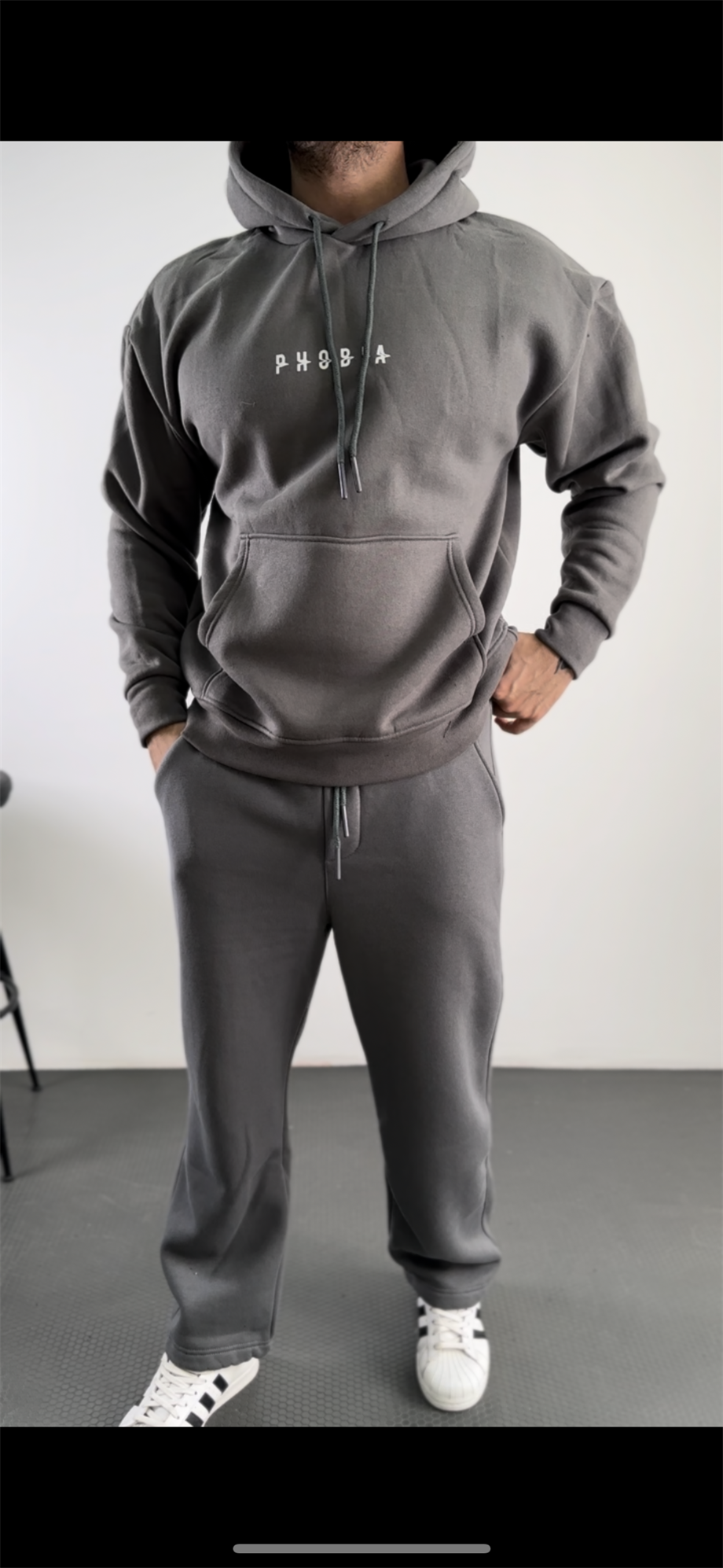 SWEATSHİRTAntrasit PHOBİA Peçli Baskılı 3 İplik Oversize Sweatshirt PLZ-32