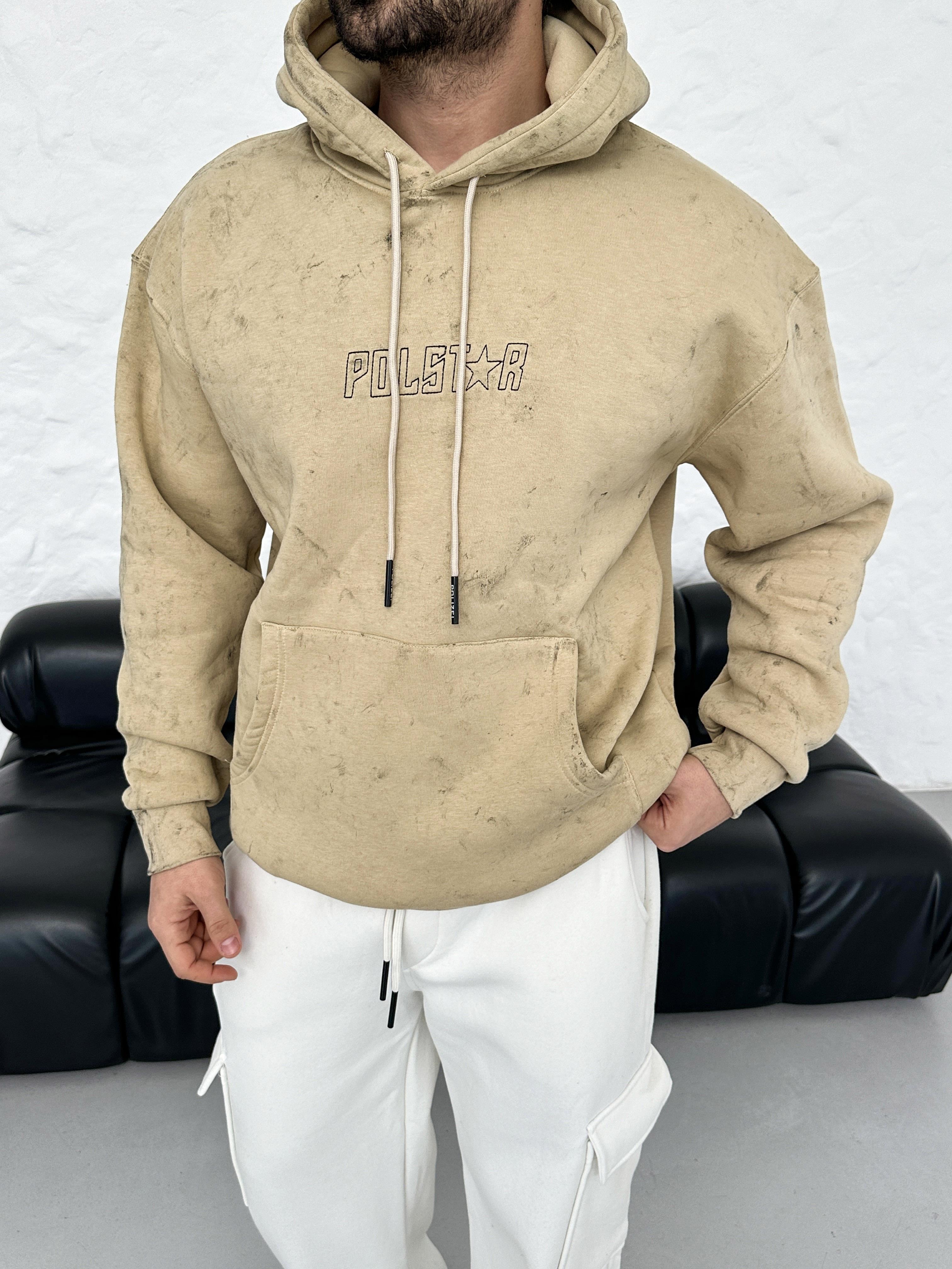 SWEATSHİRTBej 3 İplik Oversize Polstar Baskılı Kapşonlu Sweatshirt PLZ