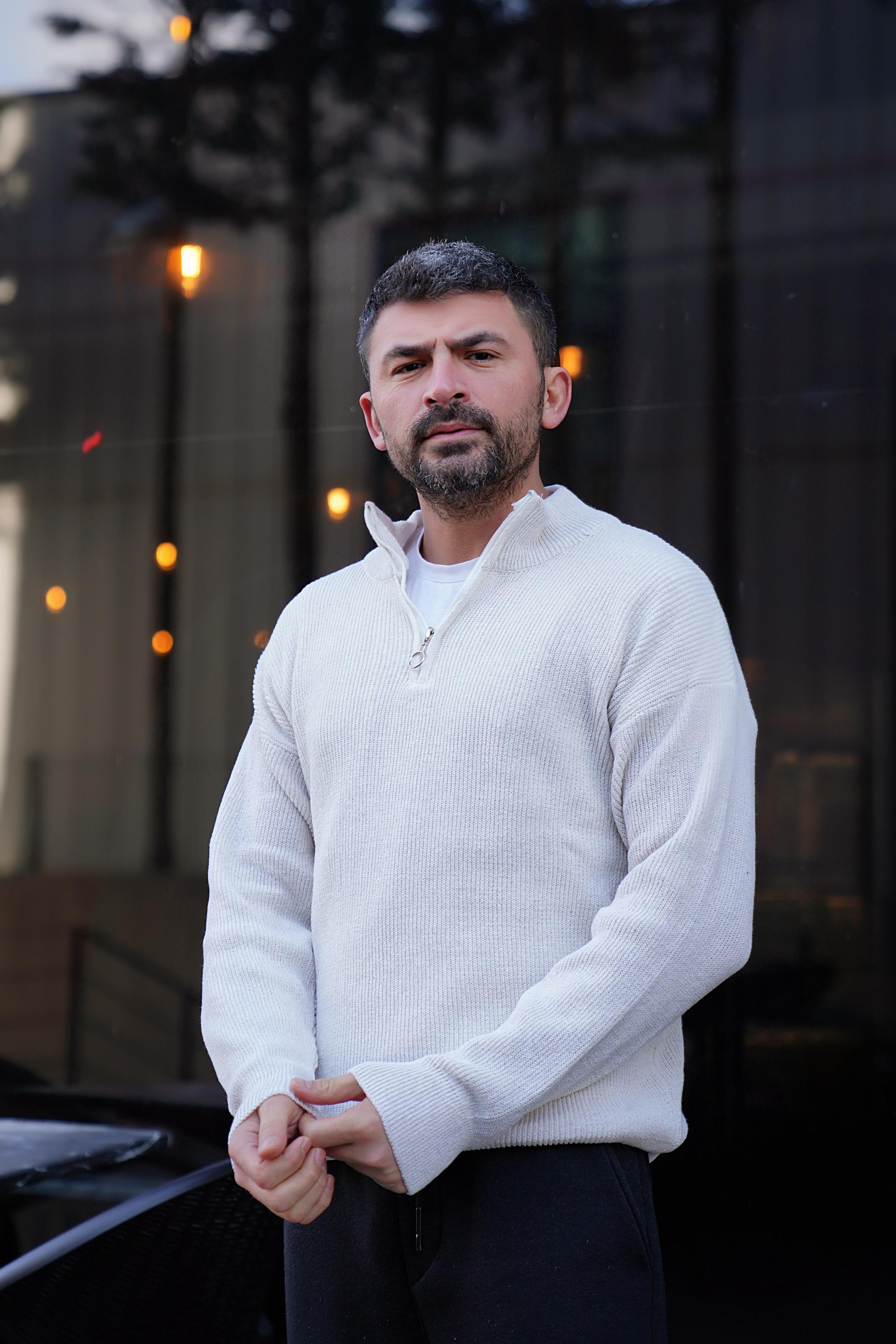 SWEATSHİRTBej Fermuarlı Selanık Kumaş Kazak 
