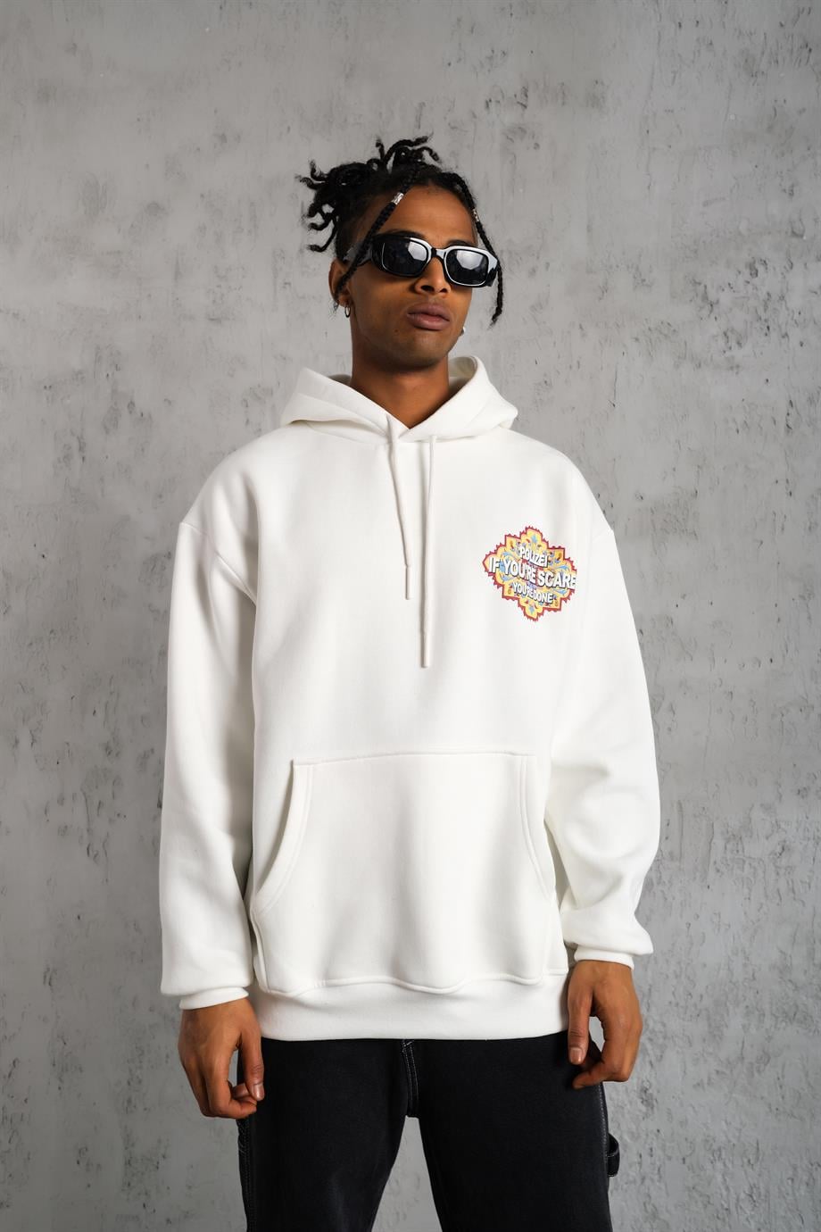 Beyaz IF YOU SCAR Baskılı 3 İplik Kapşonlu Oversize Sweatshirt