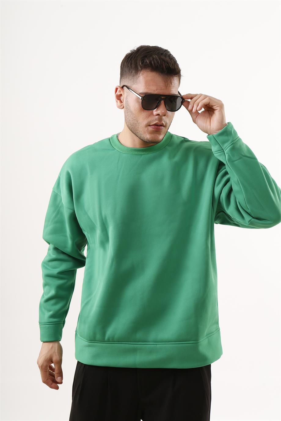 SWEATSHİRTÇamyeşili 3 İplik Oversize Bisiklet Yaka Hoodie SC