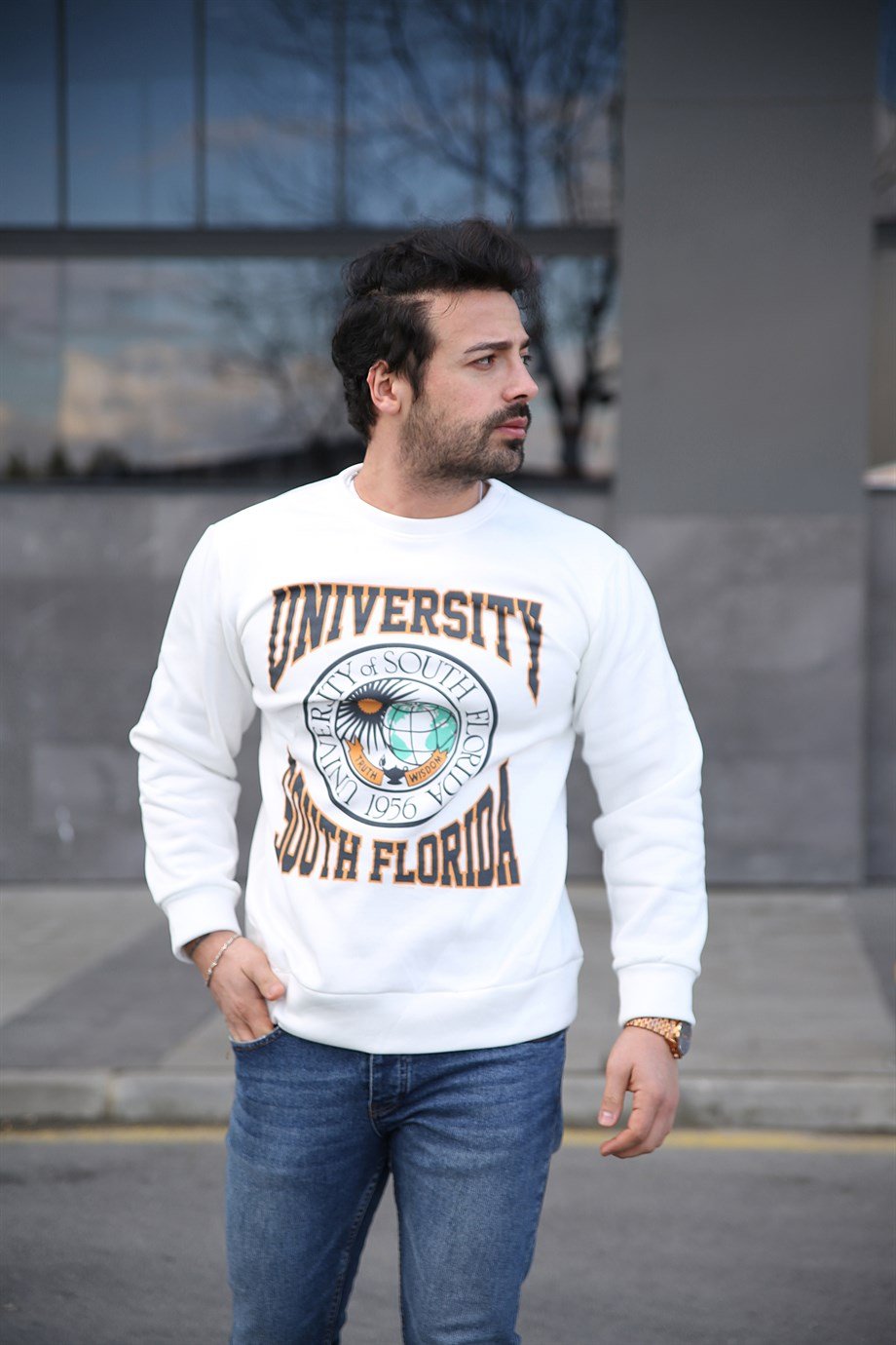 Erkek 3 plik Beyaz University Bisiklet Yaka Sweatshirt