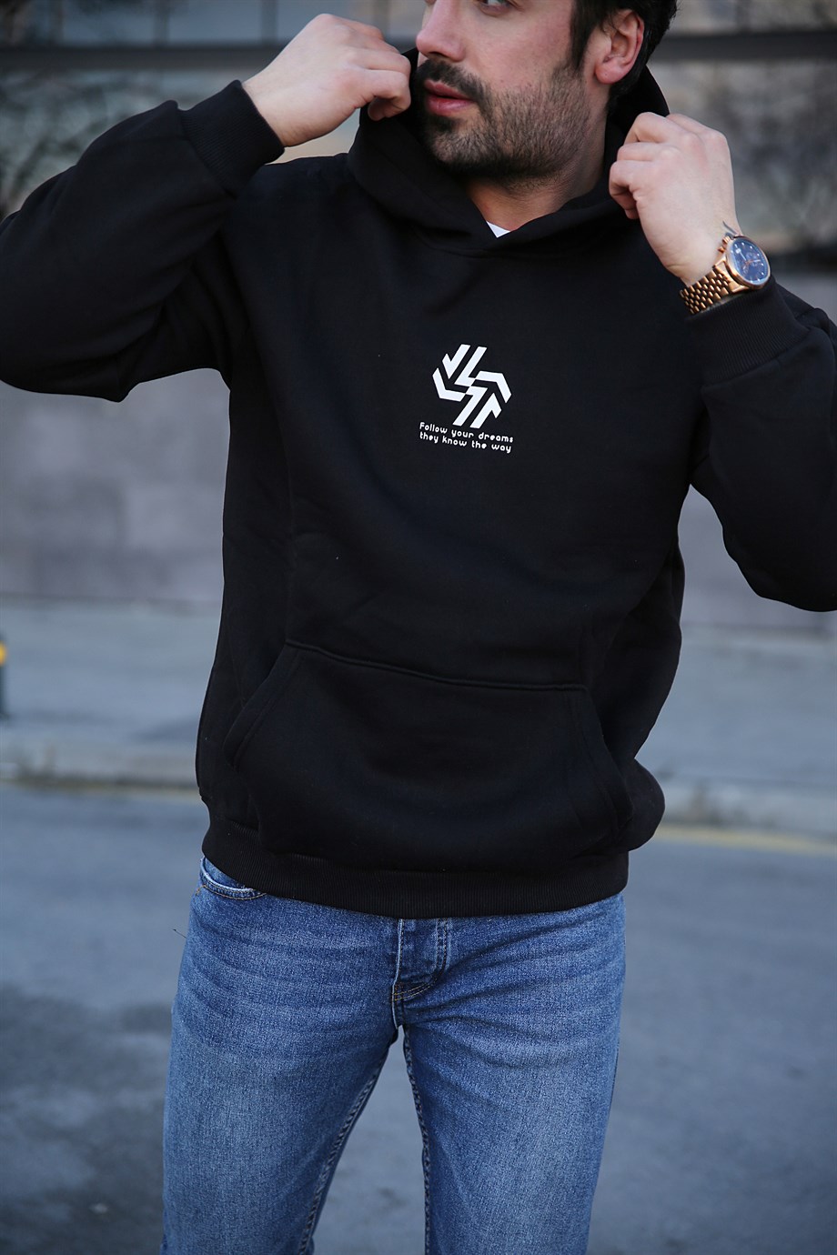 SWEATSHİRTErkek 3 İplik Siyah Fallow Sırt  Baskılı Kapşonlu Sweatshirt 
