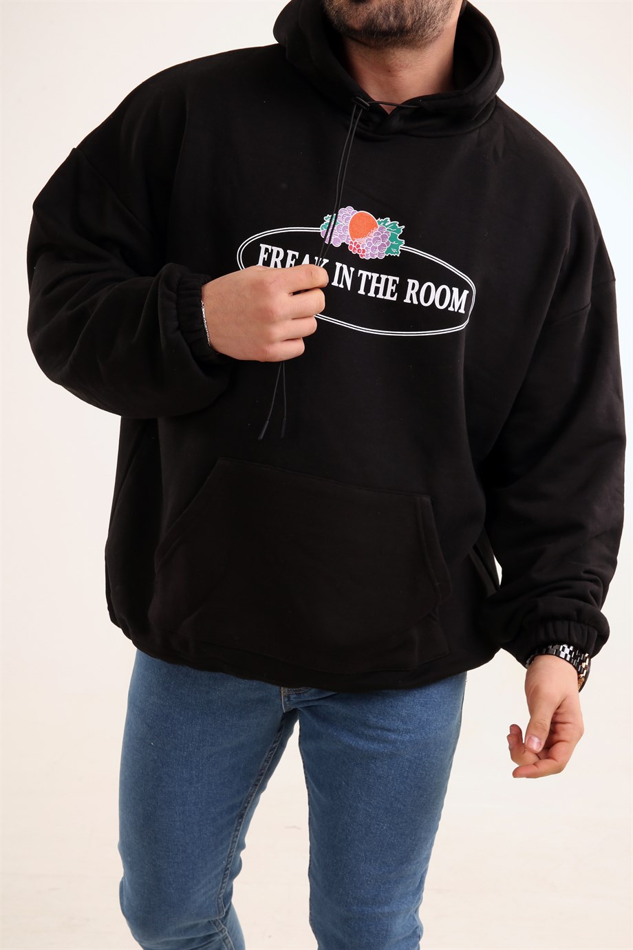 SWEATSHİRTErkek 3 İplik Siyah Freak İn The Room Baskılı Kapşonlu Sweatshirt