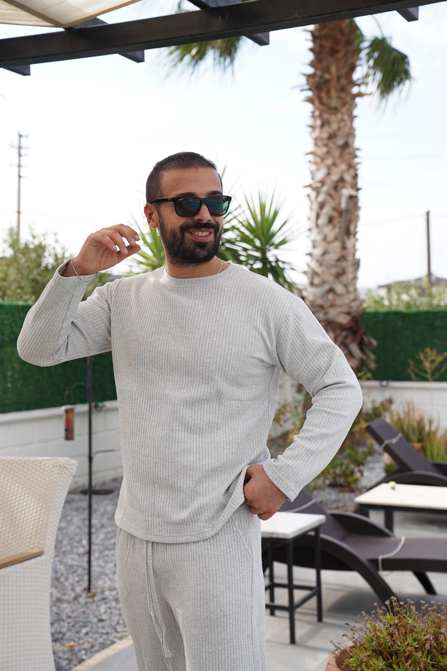 SWEATSHİRTGri Oversize Ottoman Fitilli Sweatshirt SNZ 8321