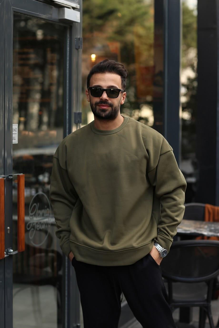 SWEATSHİRTHaki  3 İplik Bisiklet Yaka Hoodie  Sweatshirt SC