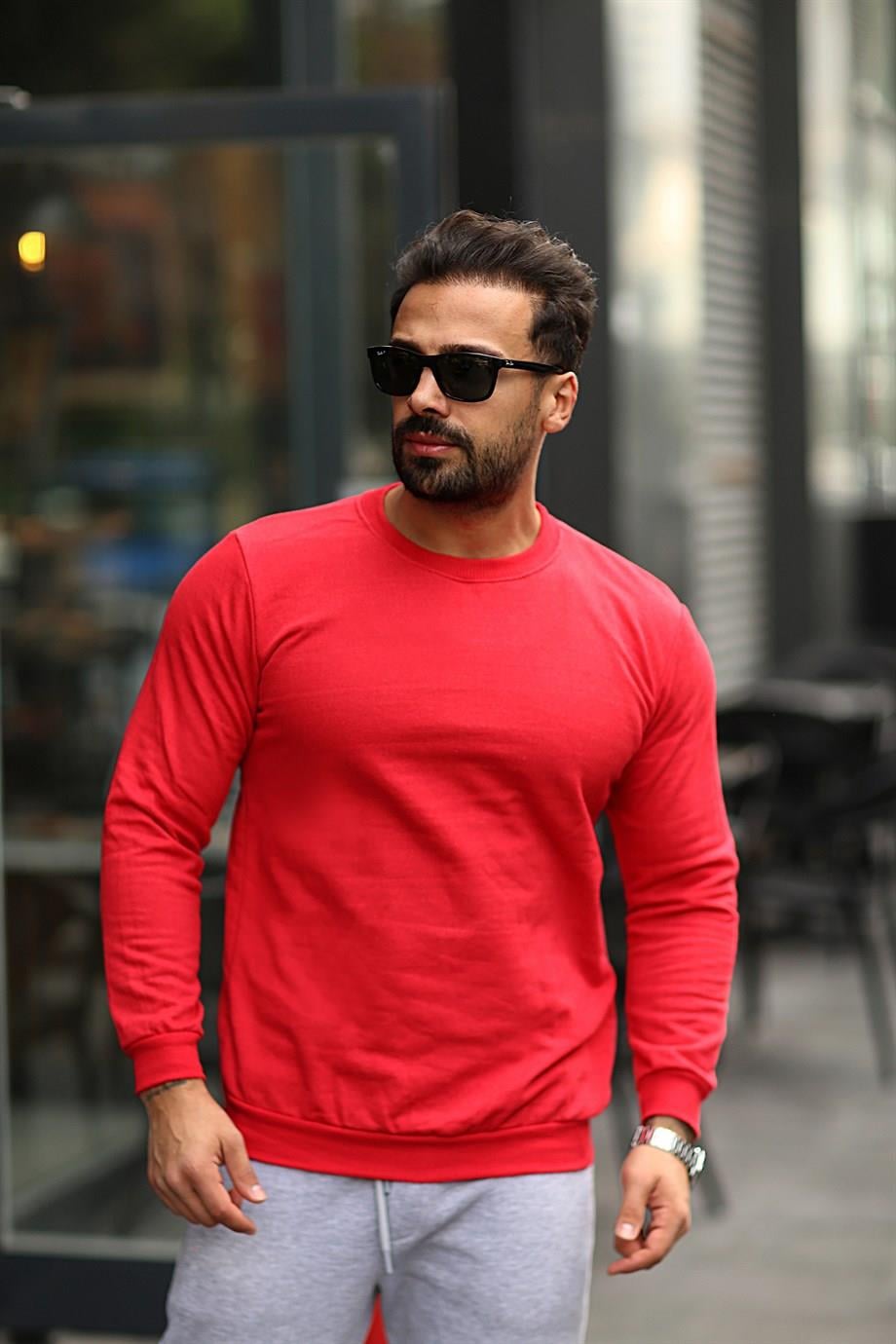 Kırmızı 2 İplik Şardonlu Bisiklet Yaka Sweatshirt