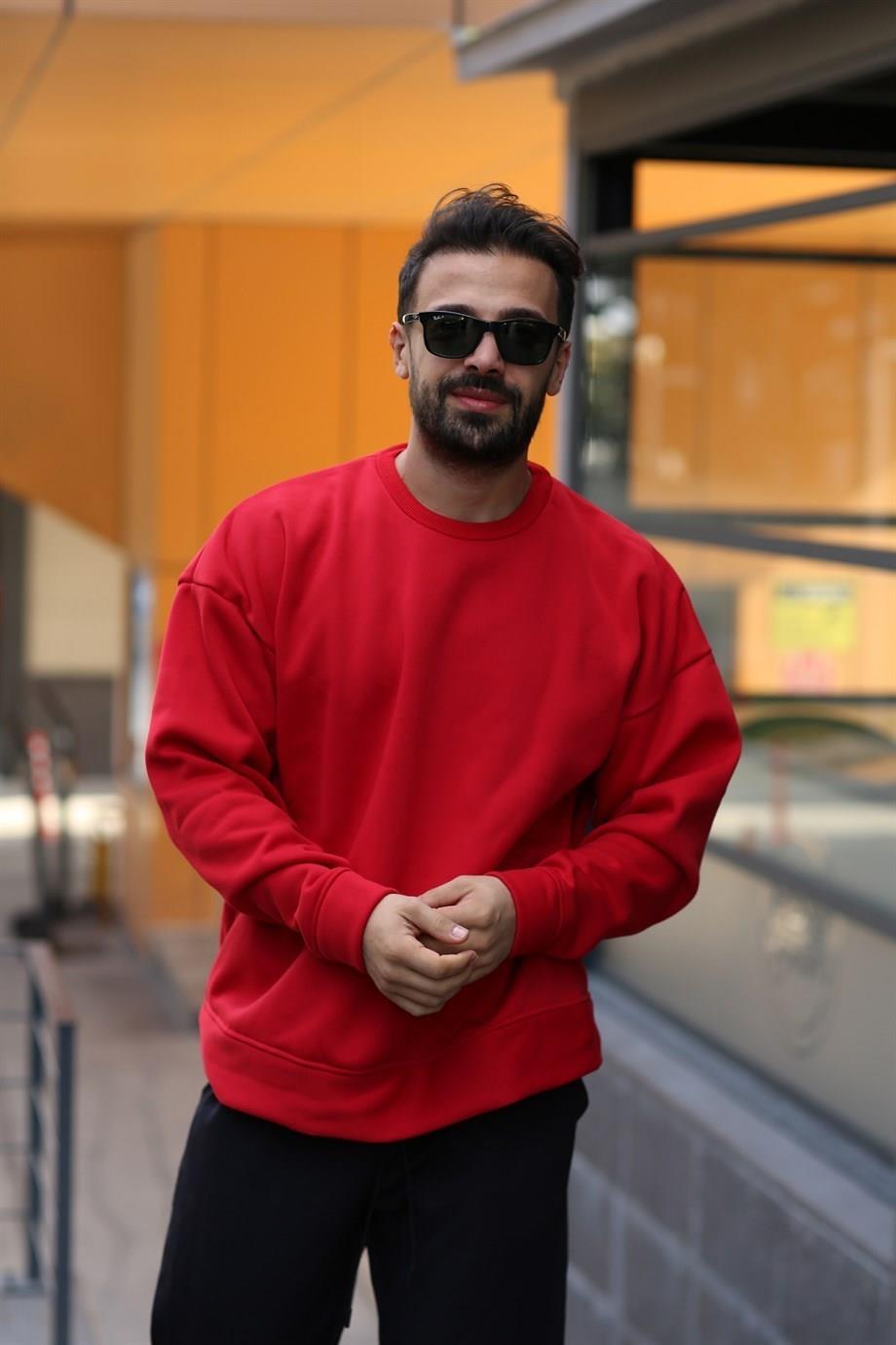 SWEATSHİRTKırmızı 3 İplik Bisiklet Yaka Hoodie  Sweatshirt SC