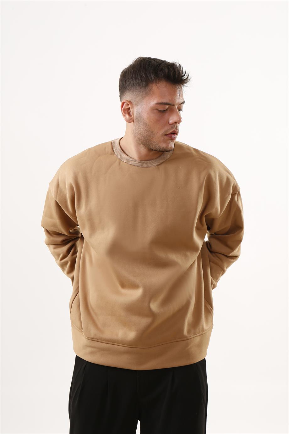 Krem 3 İplik Oversize Bisiklet Yaka Hoodie SC