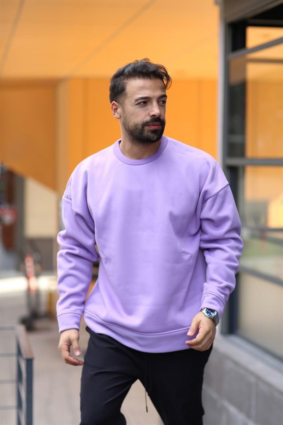 SWEATSHİRTLila 3 İplik Bisiklet Yaka Hoodie  Sweatshirt SC