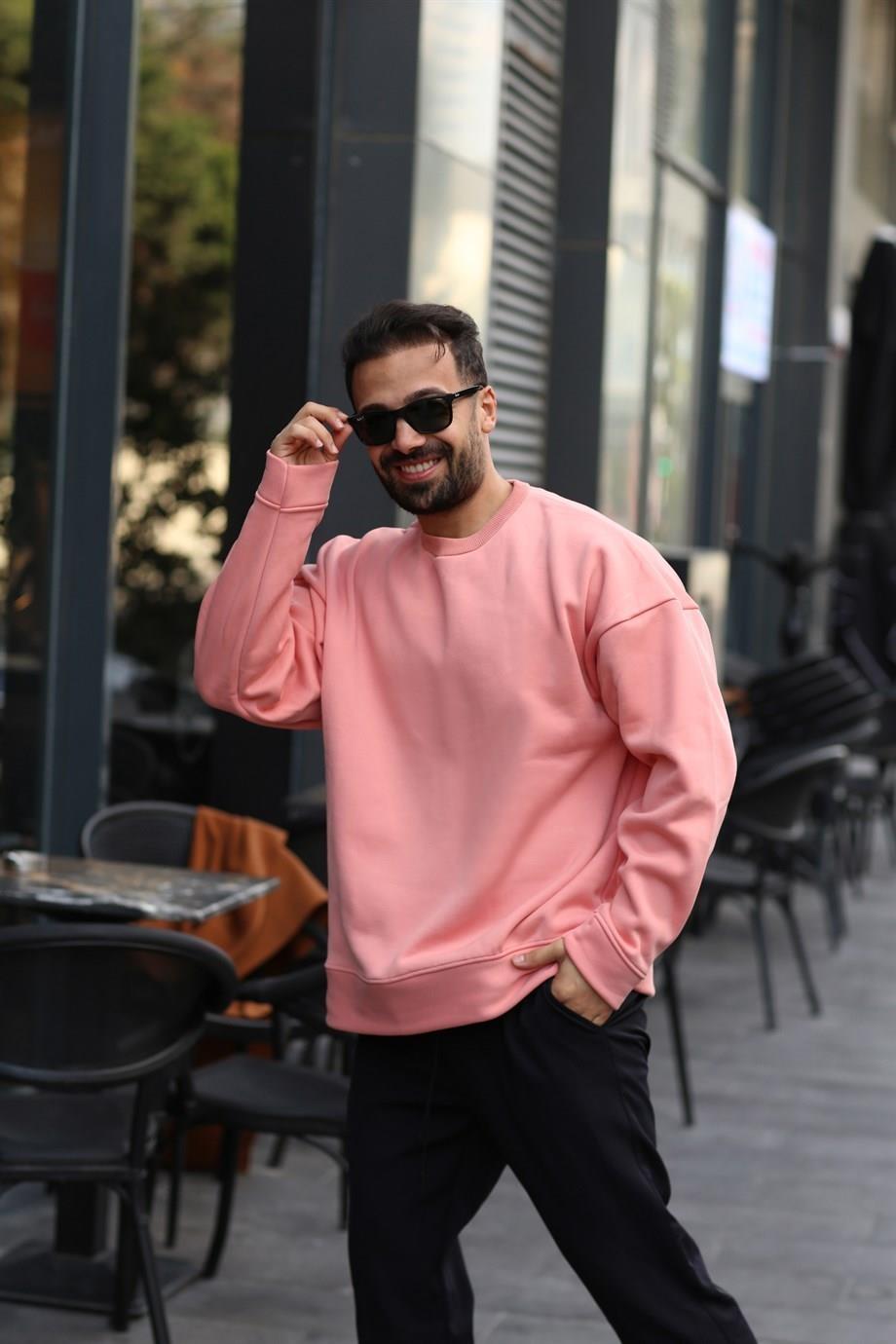 SWEATSHİRTPembe 3 İplik Bisiklet Yaka Hoodie  Sweatshirt SC