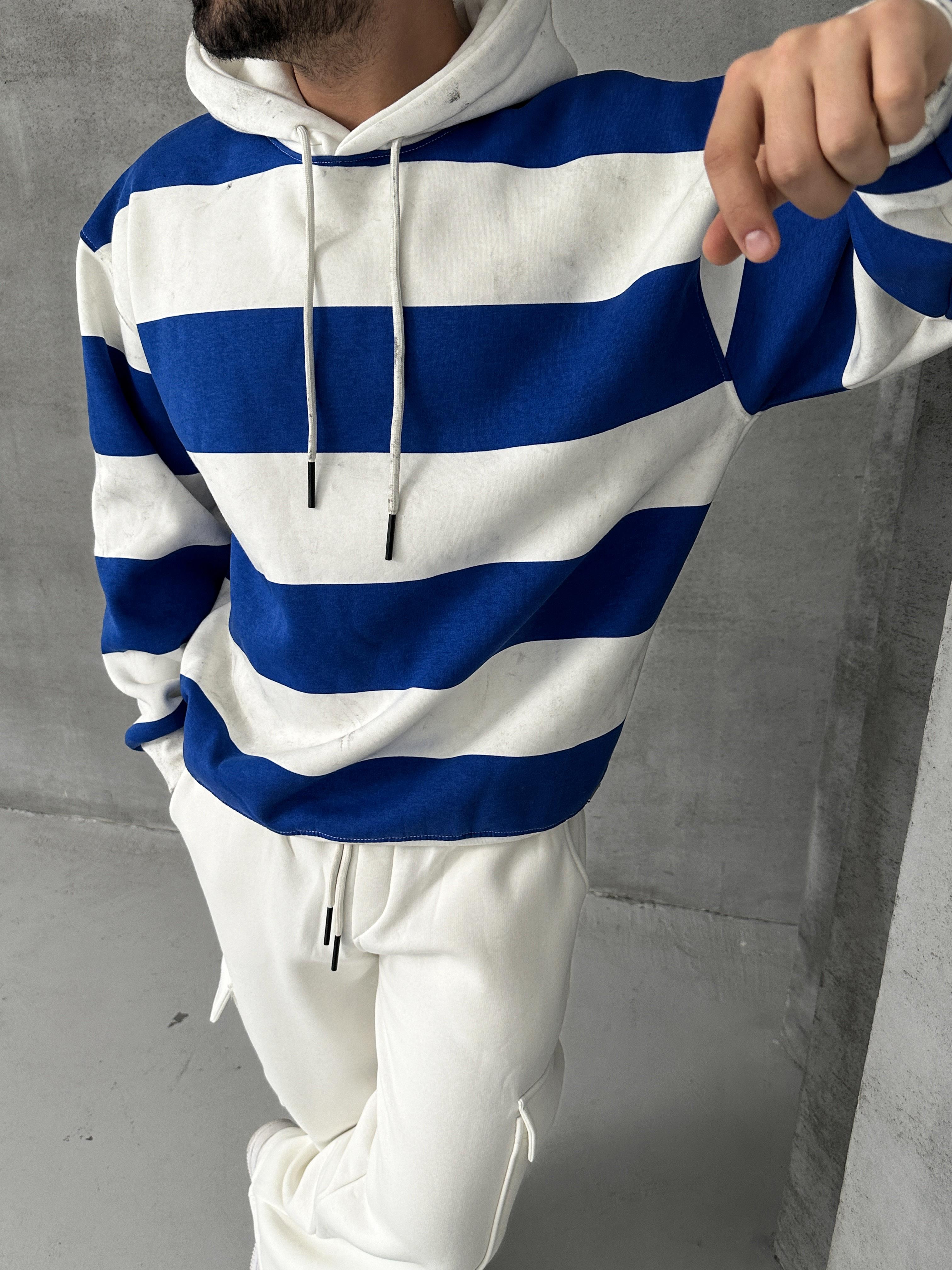 SWEATSHİRTSaksmavi Çizgili 3 İplik Kapşonlu Sweatshirt PLZ