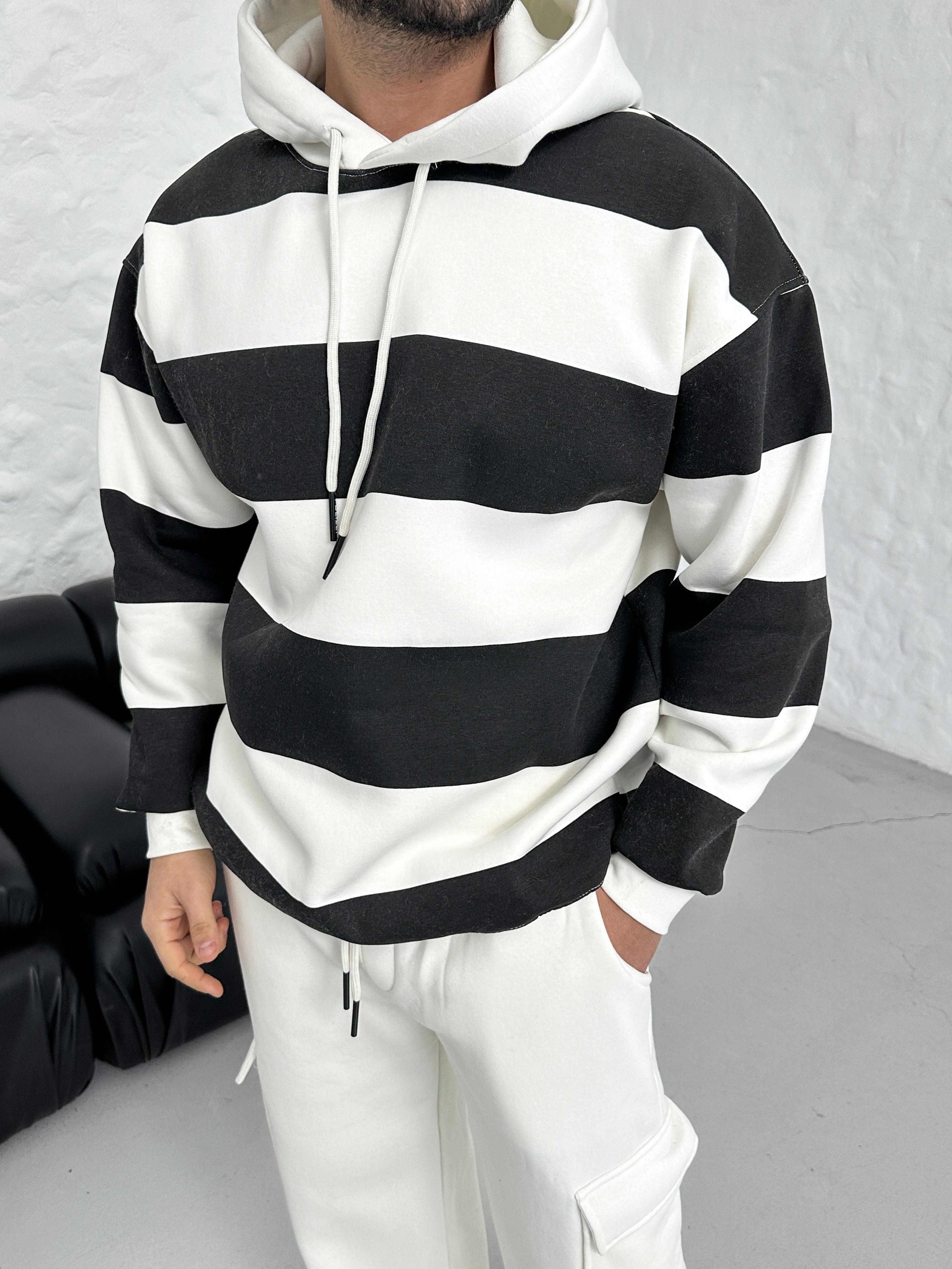SWEATSHİRTSiyah Çizgili 3 İplik Kapşonlu Sweatshirt PLZ