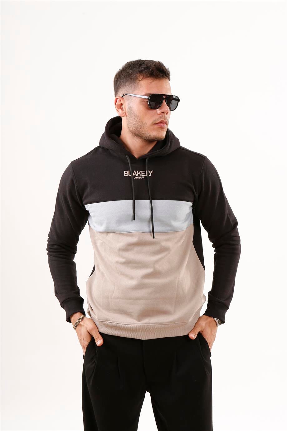 SWEATSHİRTSiyah G. Krem Parçalı BLAKEY Nakışlı 3 İplik Kapşonlu Şardonlu Sweatshirt MSS