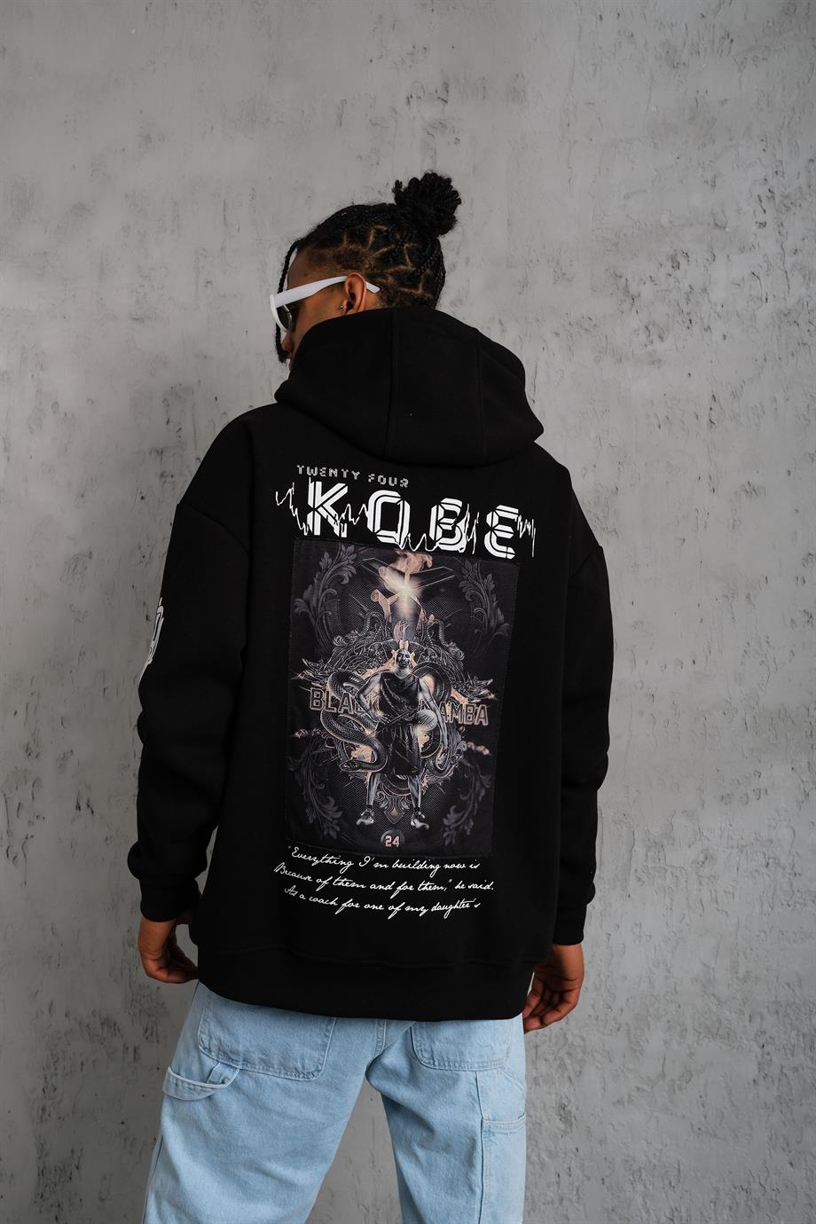 SWEATSHİRTSiyah KOBE Peçli Baskılı 3 İplik Oversize Kapşonlu Sweatshirt PLZ-37