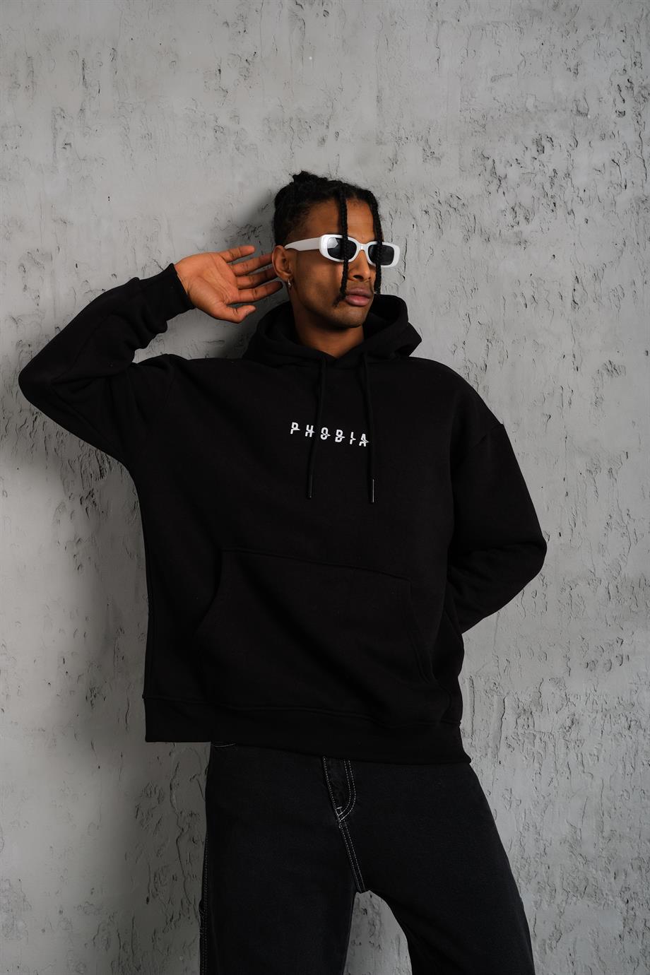 Siyah PHOBİA Peçli Baskılı 3 İplik Oversize Sweatshirt PLZ-32