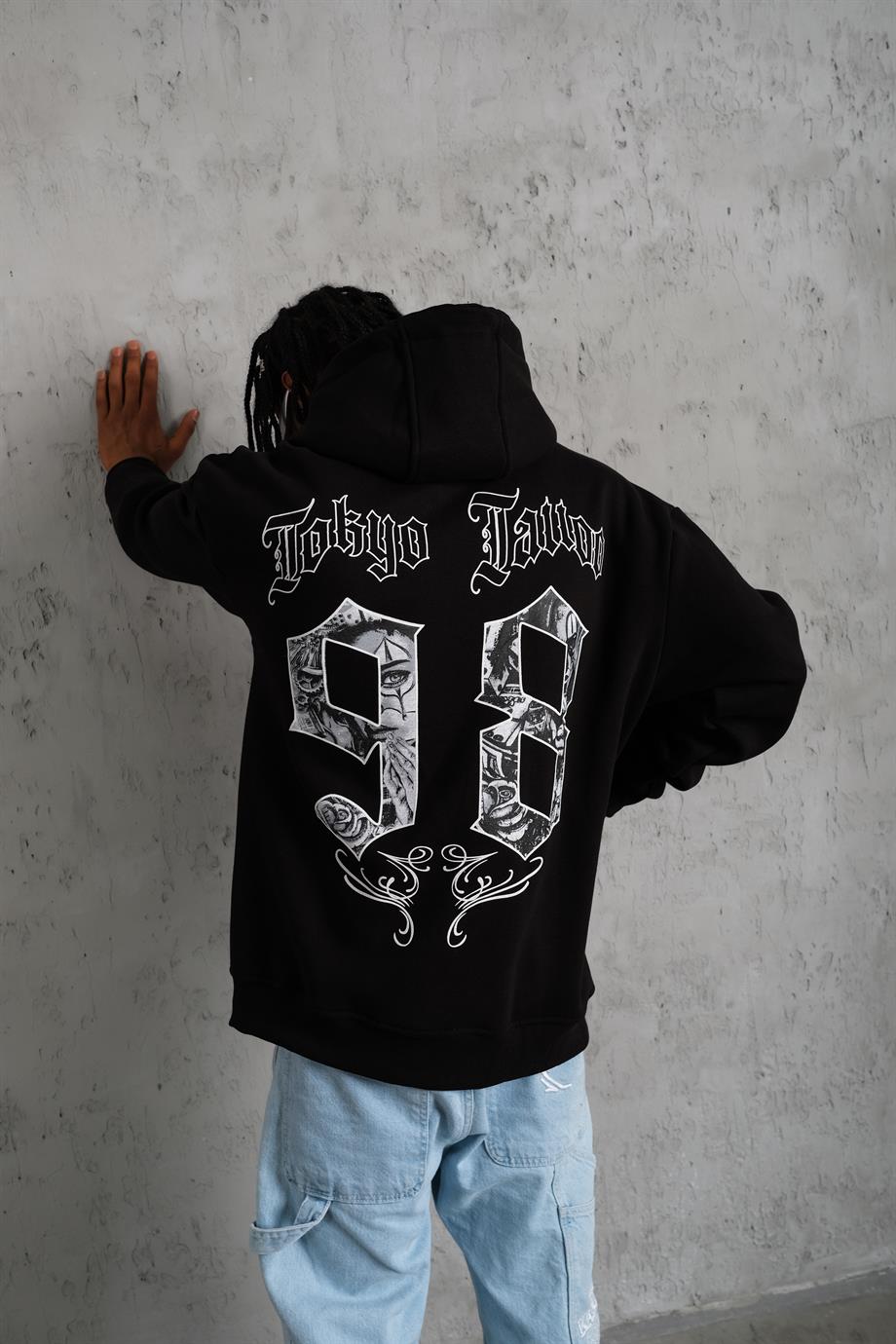 SWEATSHİRTSiyah TOKYOTATTOO Baskılı 3 İplik Kapşonlu Oversize Sweatshirt 