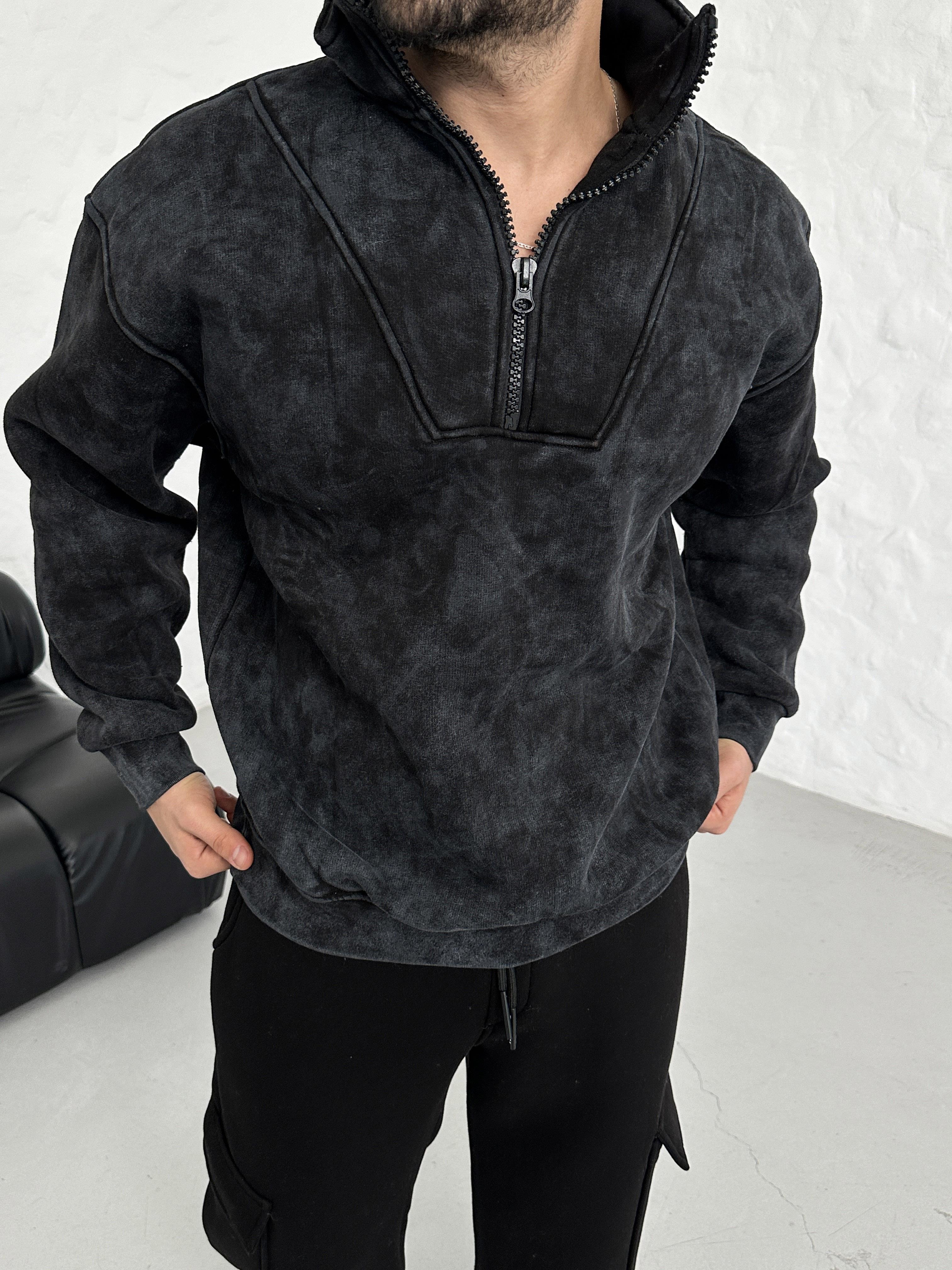 SWEATSHİRTSiyah Yarım Fermuarlı Hafif Desenli ZRA Model Sweatshirt PLZ