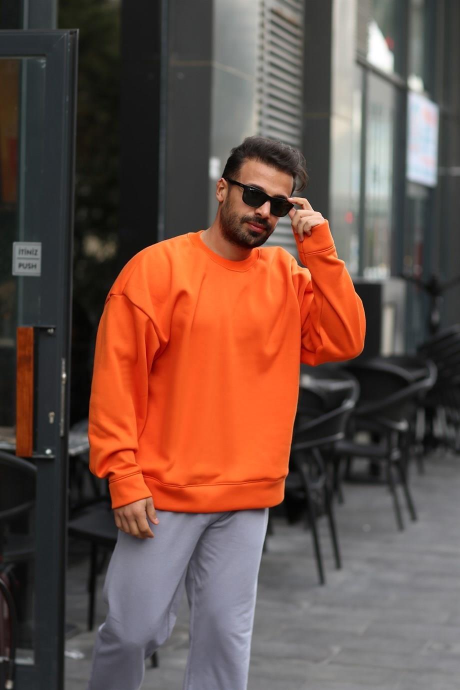 SWEATSHİRTTuruncu 3 İplik Bisiklet Yaka Hoodie  Sweatshirt SC