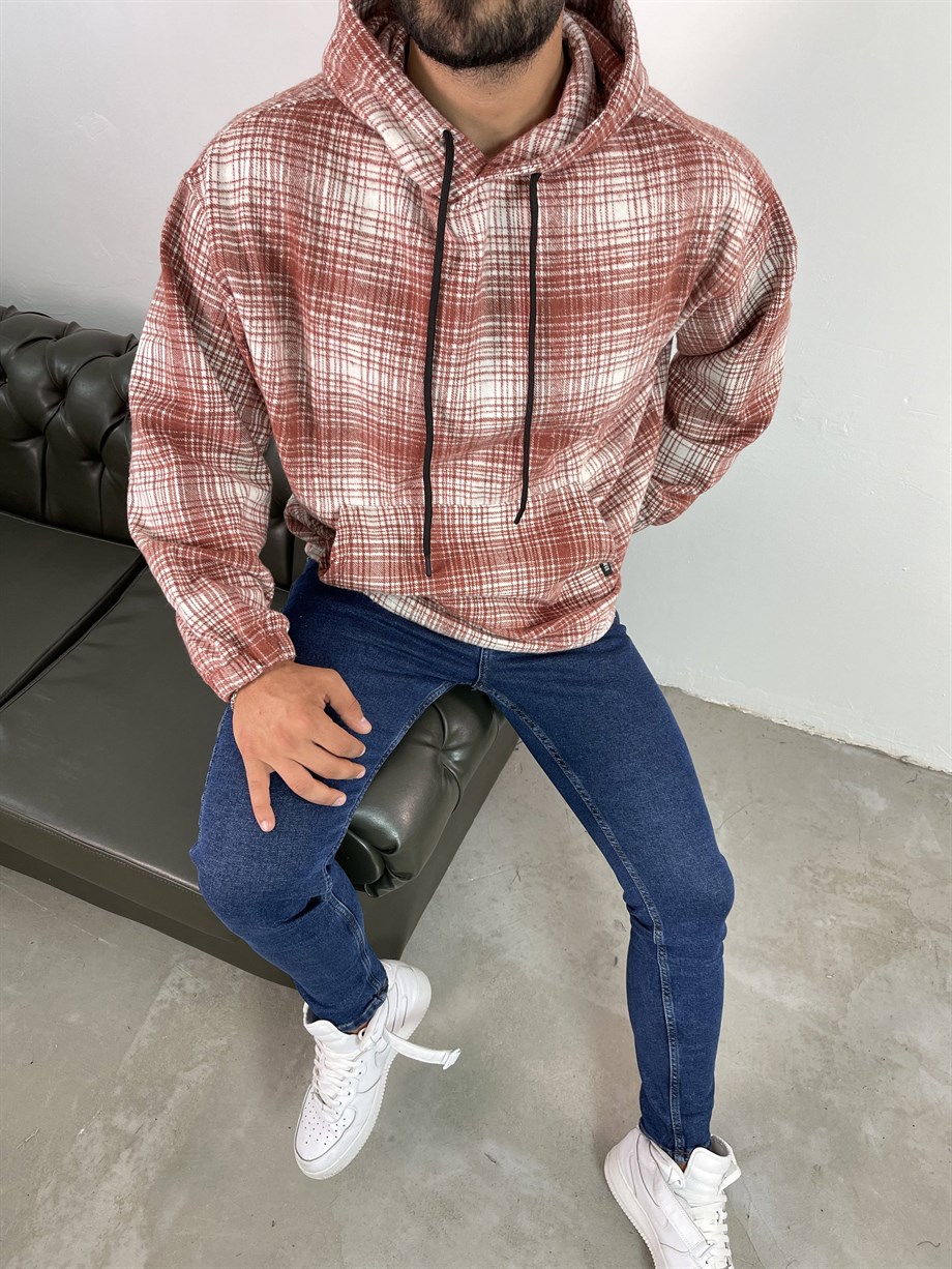 SWEATSHİRTUnisex Taba Beyaz Kapşonlu Oduncu Sweatshirt
