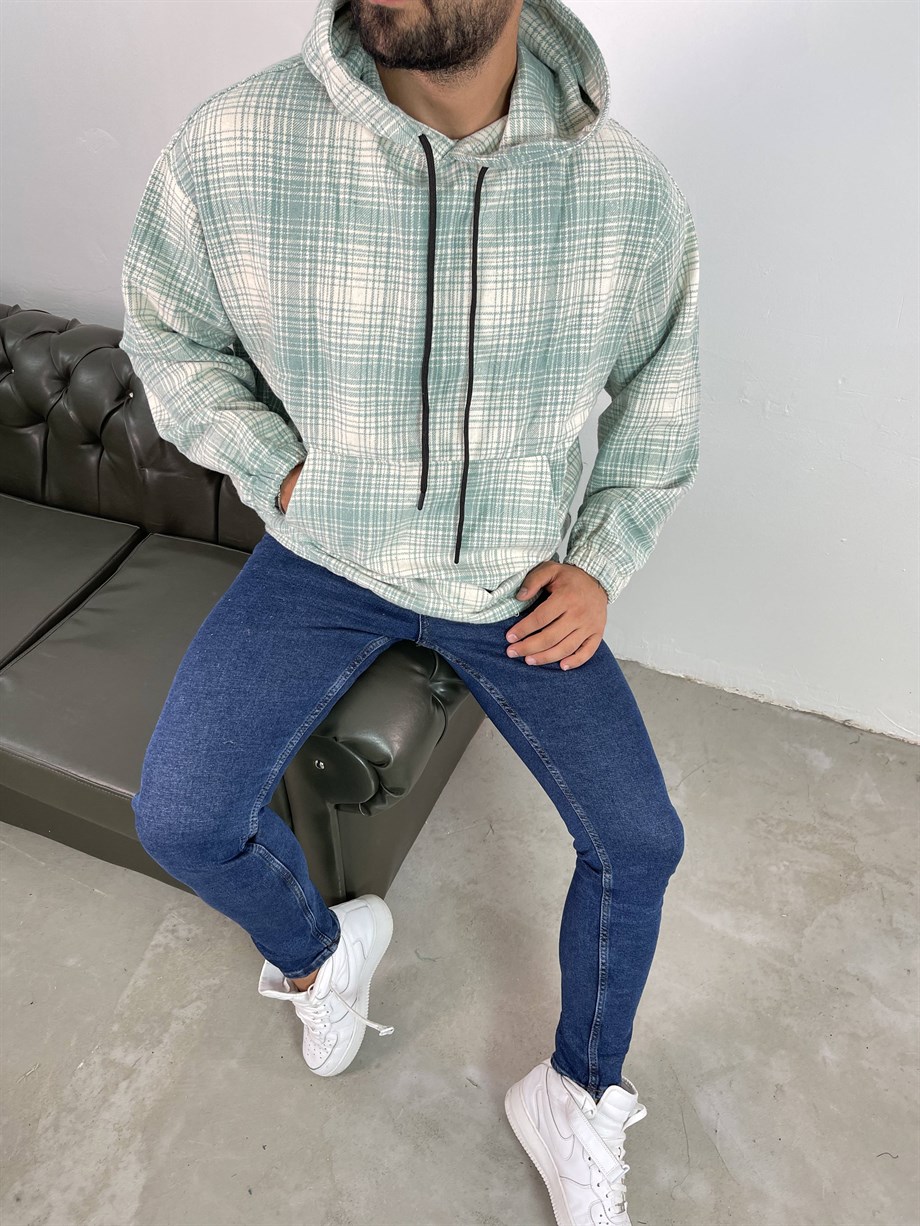 SWEATSHİRTUnisex Turkuaz Beyaz Kapşonlu Oduncu Sweatshirt