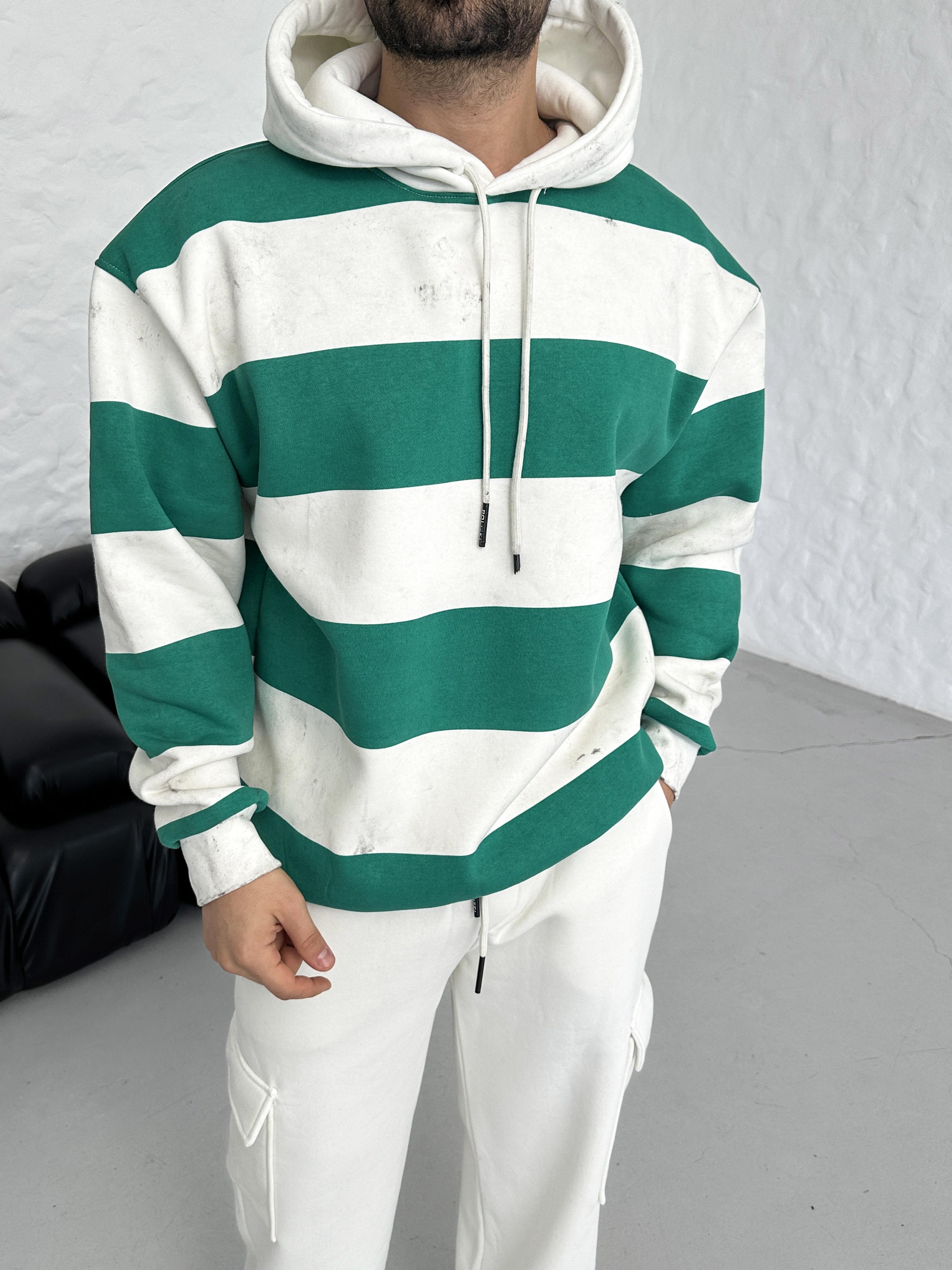 SWEATSHİRTYeşil Çizgili 3 İplik Kapşonlu Sweatshirt PLZ