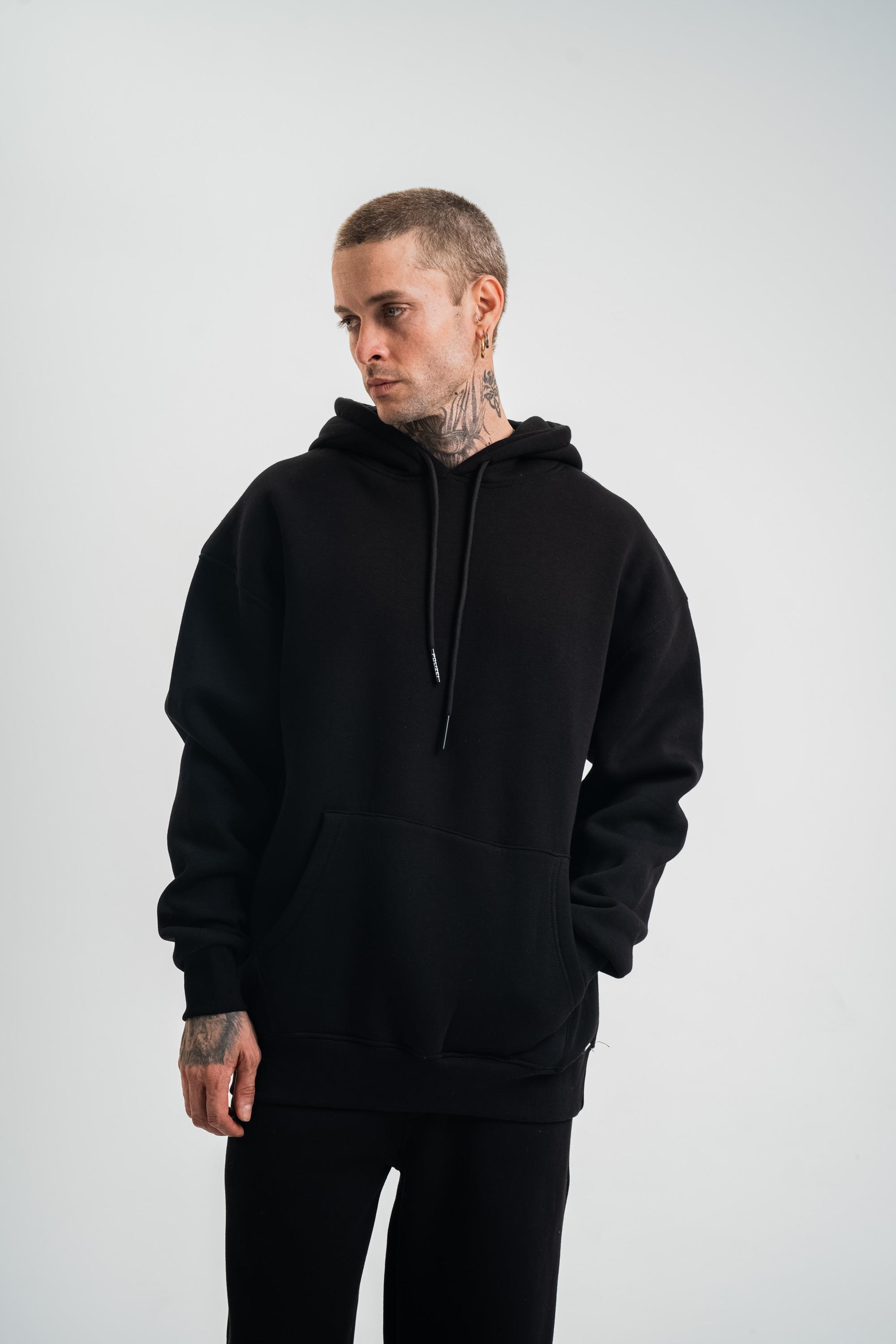 SweatSiyah 3 İplik Düz Kapşonlu Sweatshirt PLZ