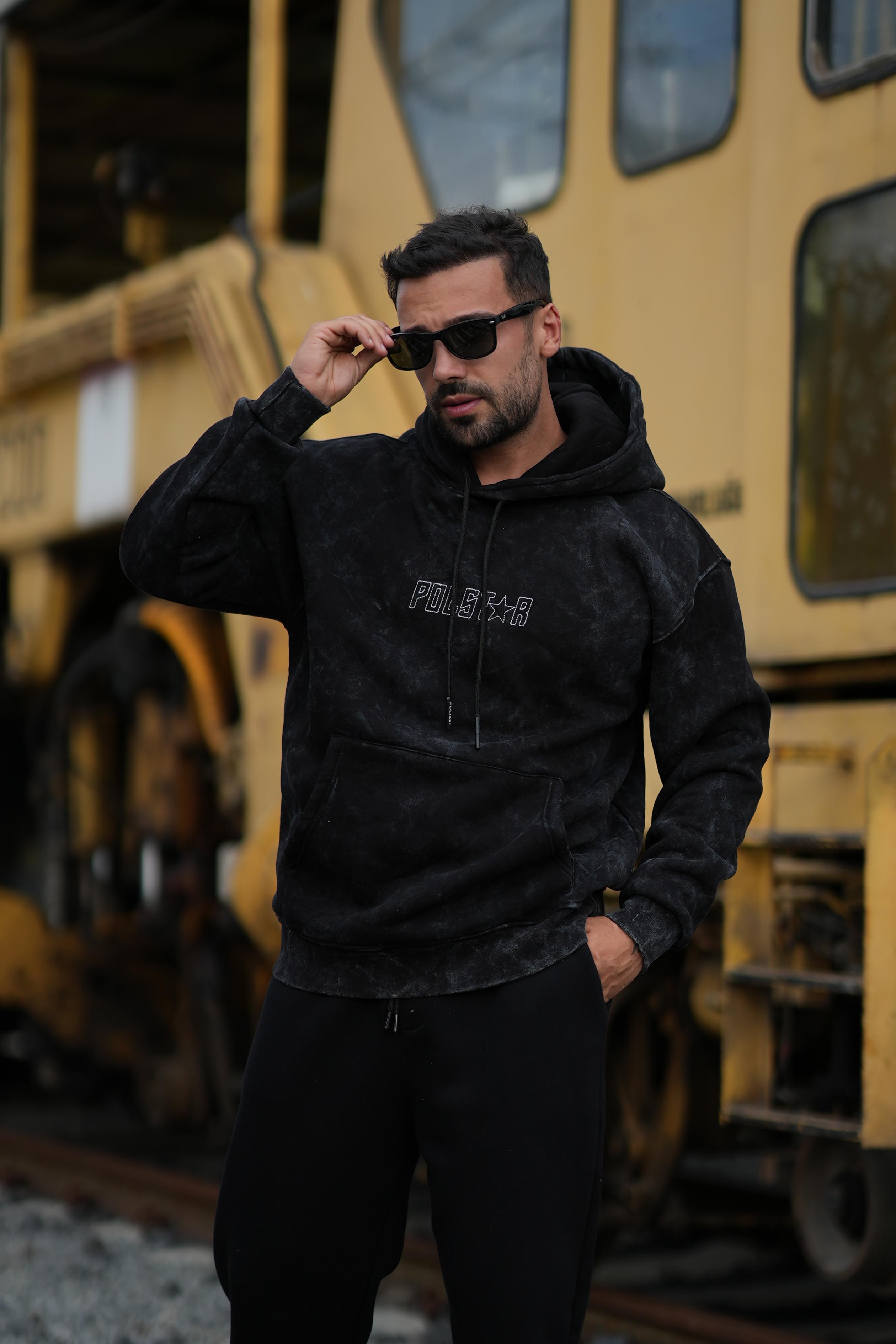 SweatSiyah 3 İplik Oversize Polstar Baskılı Kapşonlu Sweatshirt PLZ