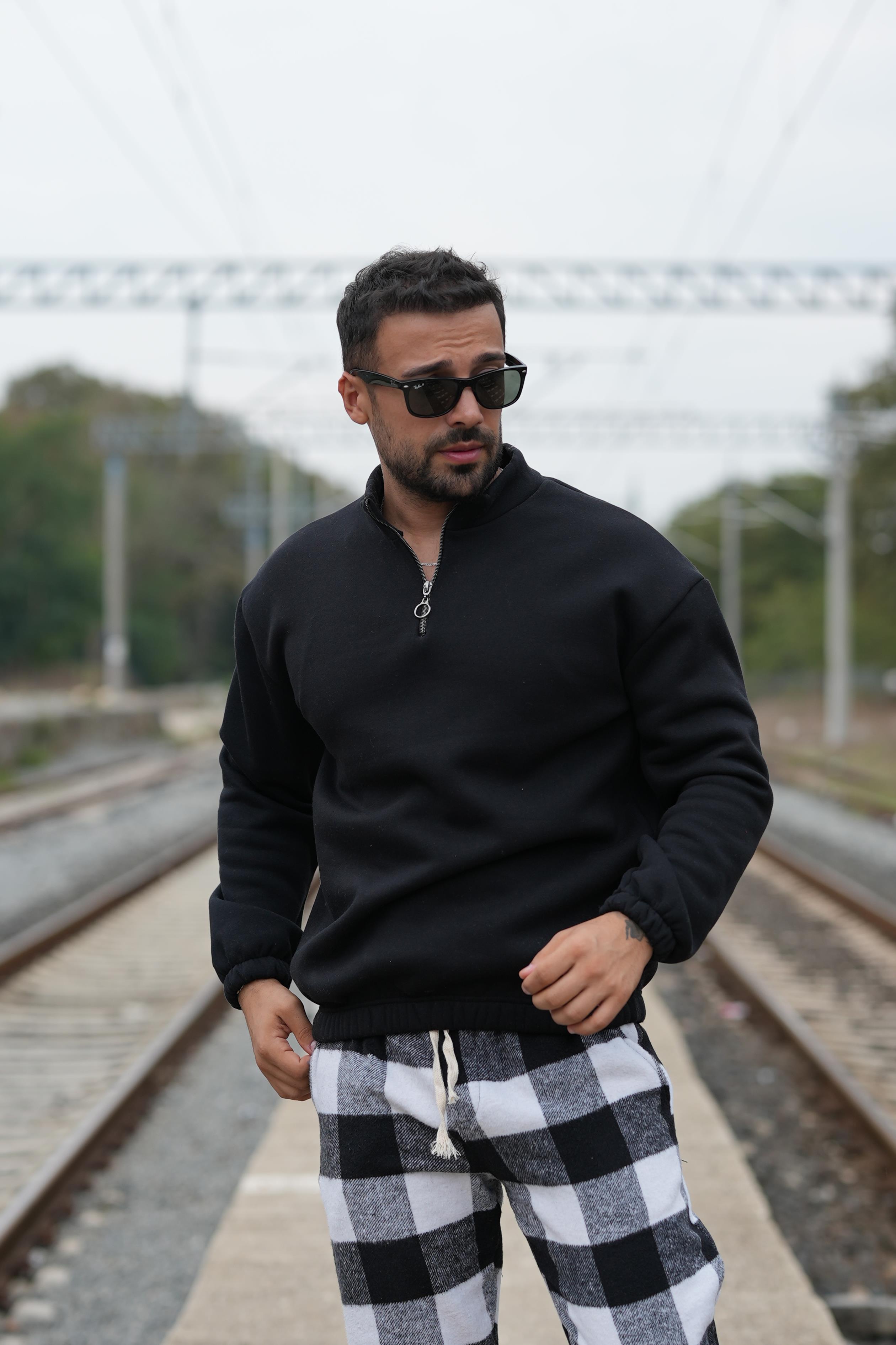 SweatSİYAH 3 iplik yarım fermuarlı sweatshirt SC