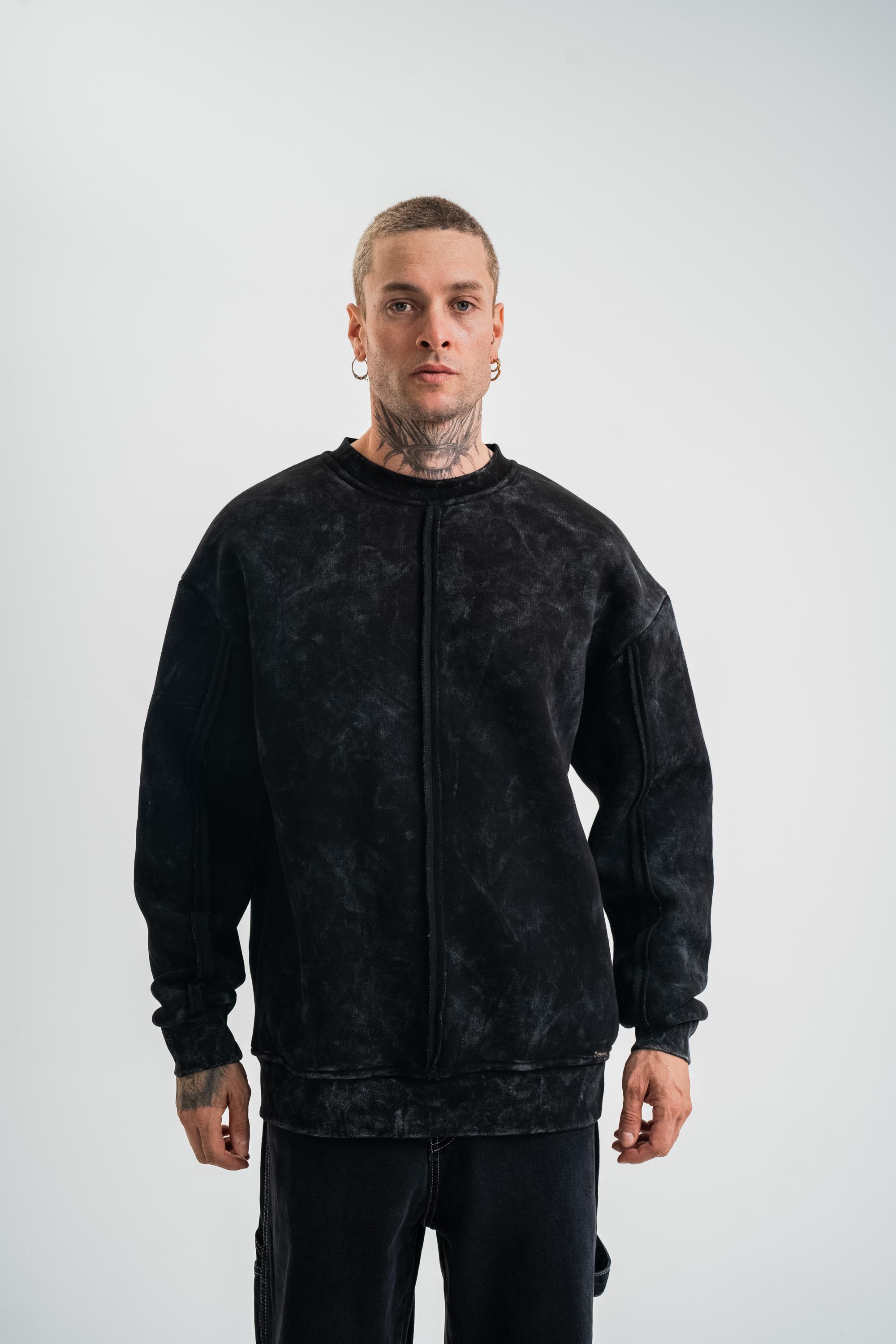 SweatSiyah Çift Dilli Yıkamalı Bisiklet Yaka Sweatshirt PLZ