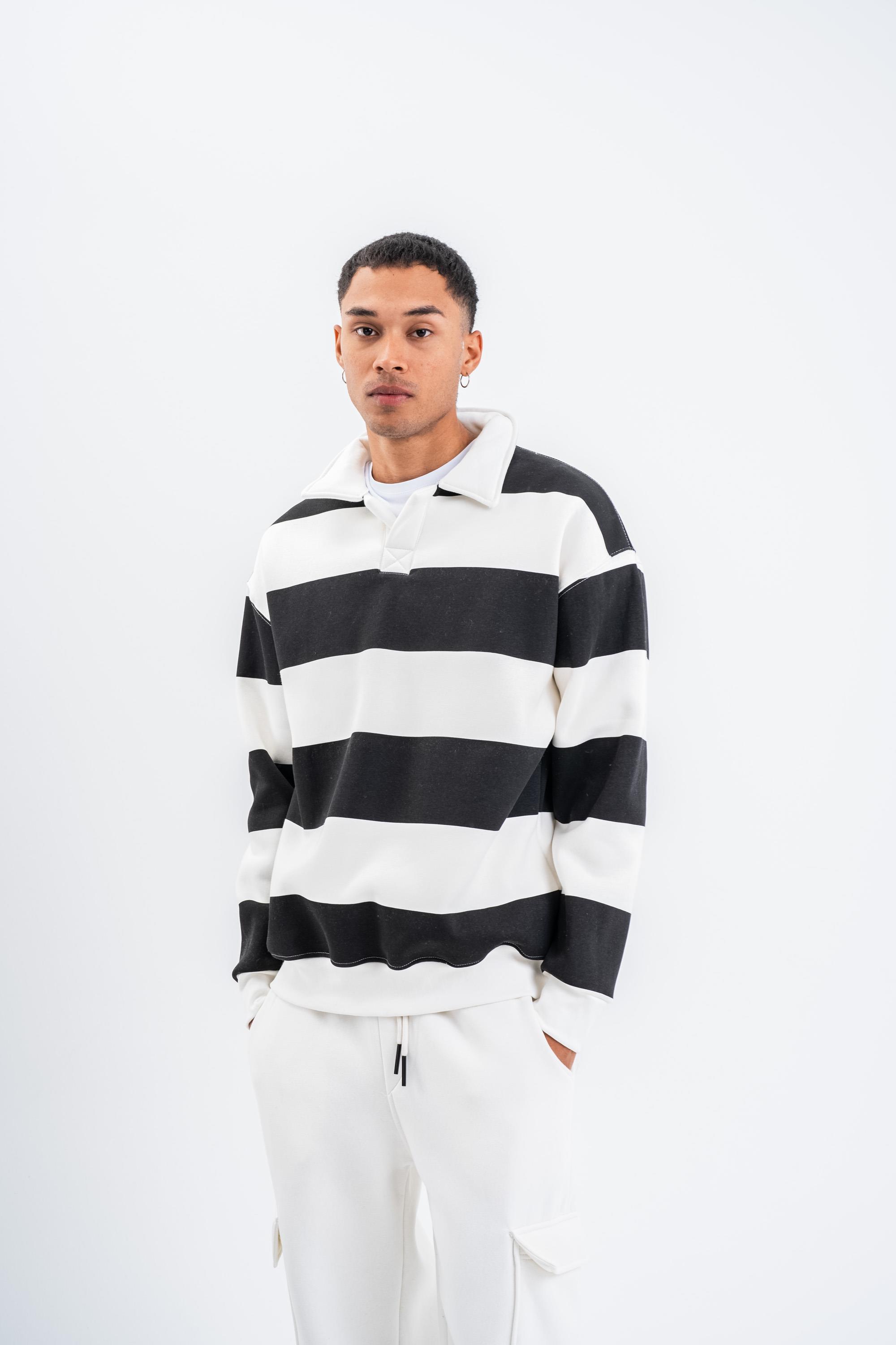 SweatSiyah Çizgili 3 İplik Polo Yaka Sweatshirt PLZ