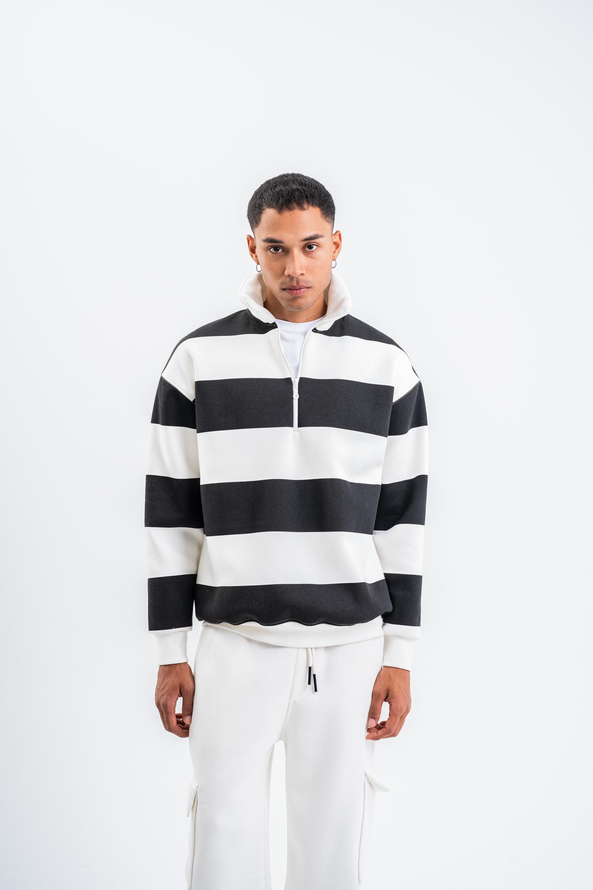 SweatSiyah Yarım Fermuarlı Çizgili 3 İplik Sweatshirt PLZ