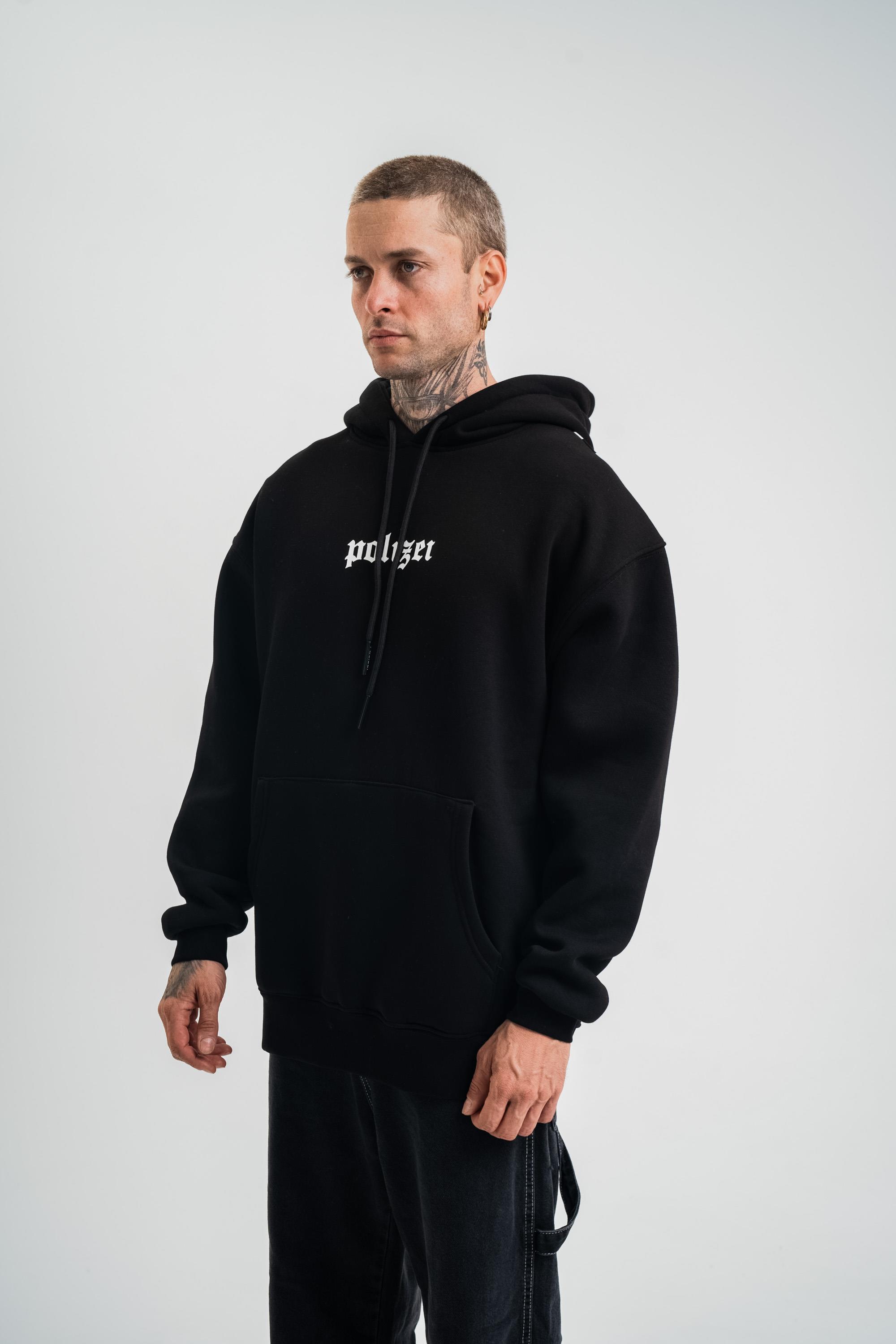 SweatSiyah Yarım Polizei Nakışlı Peçli Kapşonlu Sweatshirt PLZ