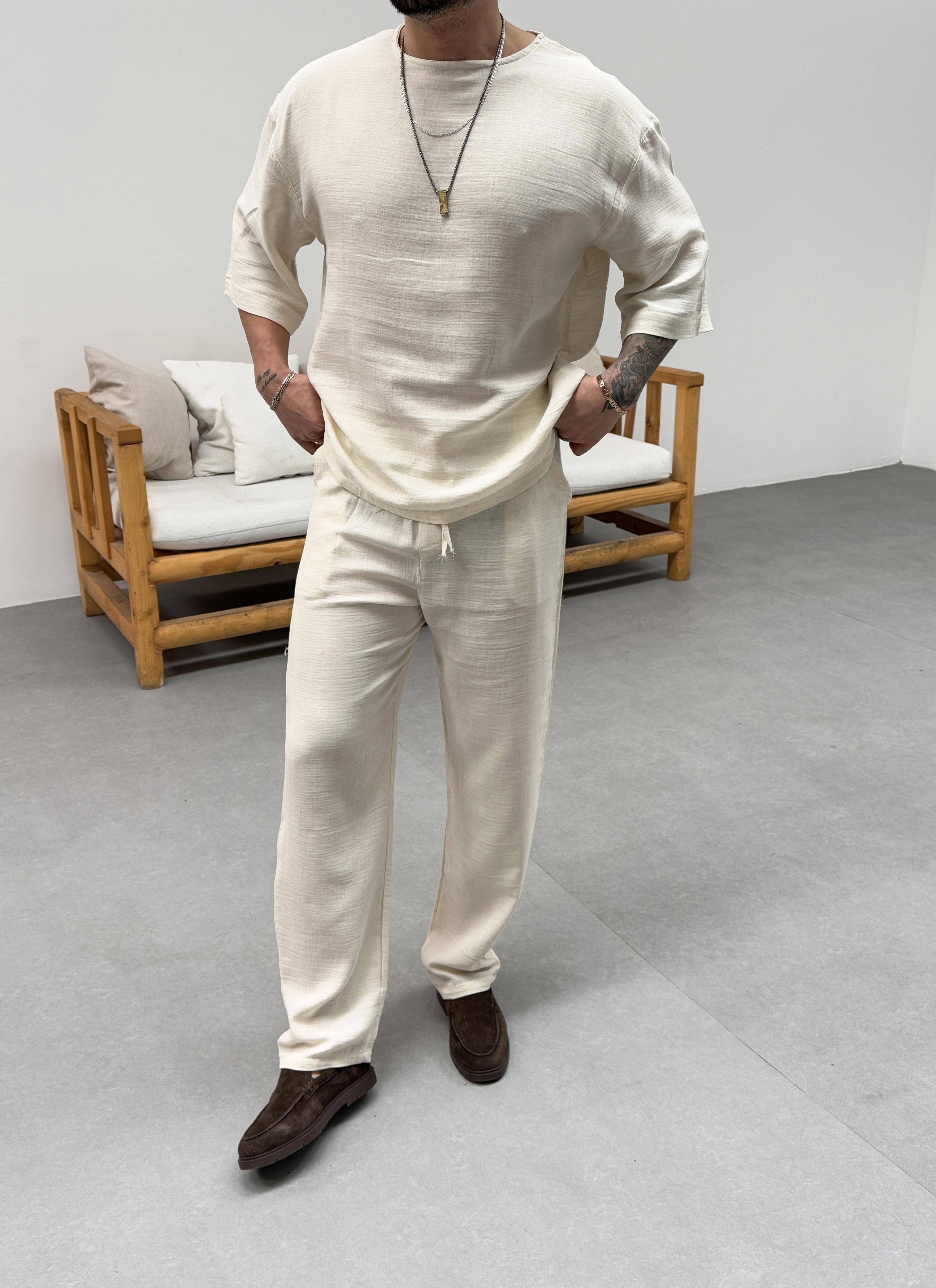 T-SHİRTBej Bisiklet Yaka Oversize Müslin Takım SNZ 1009