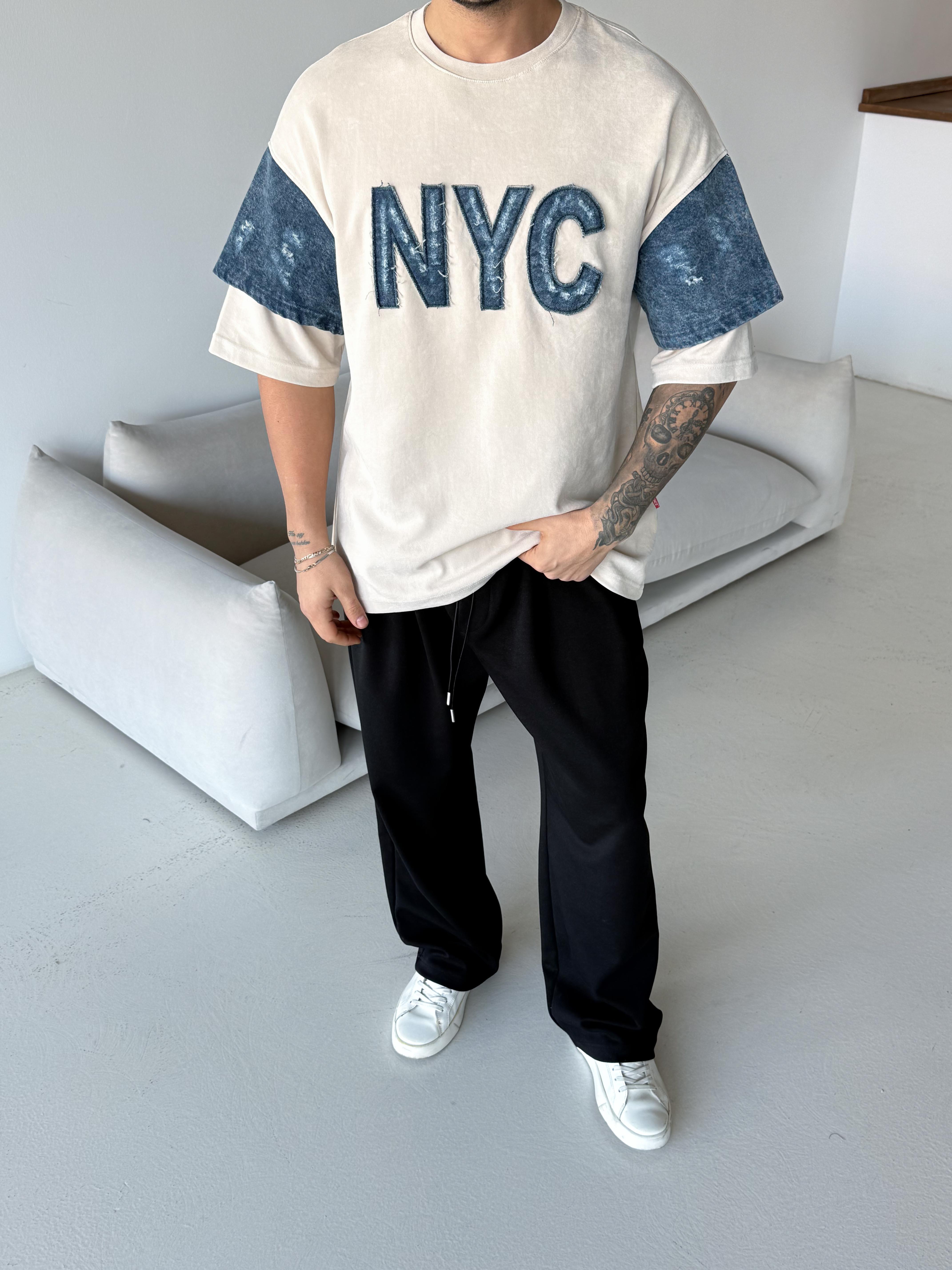 T-SHİRTBej NYC kot detay Oversize tişört ESNT 71119