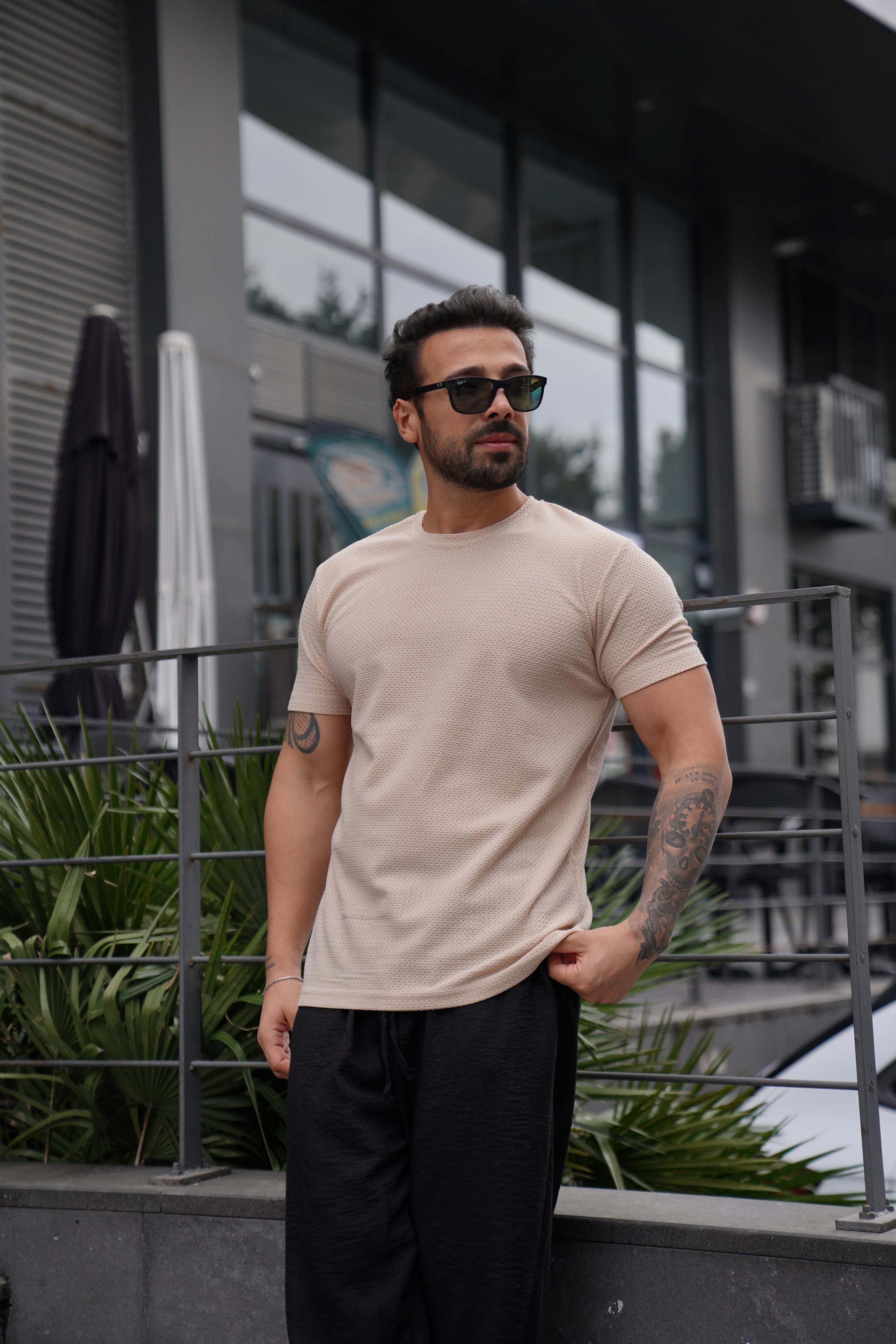 T-SHİRTBej Rapido Delikli Bisiklet Yaka T-Shirt TK 1005