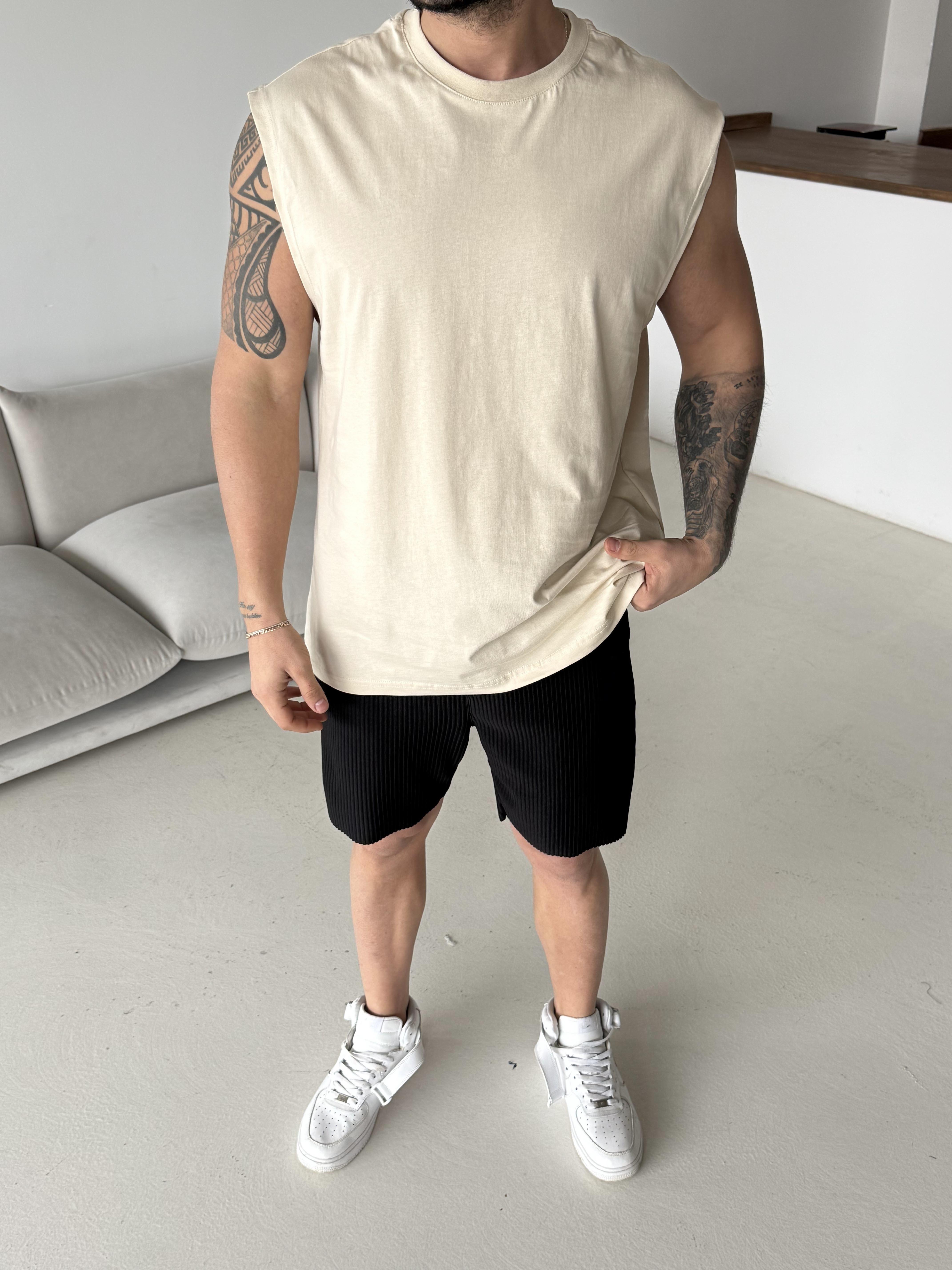 T-SHİRTBej Sıfır Kol Compak Oversize Atlet LNS 49010